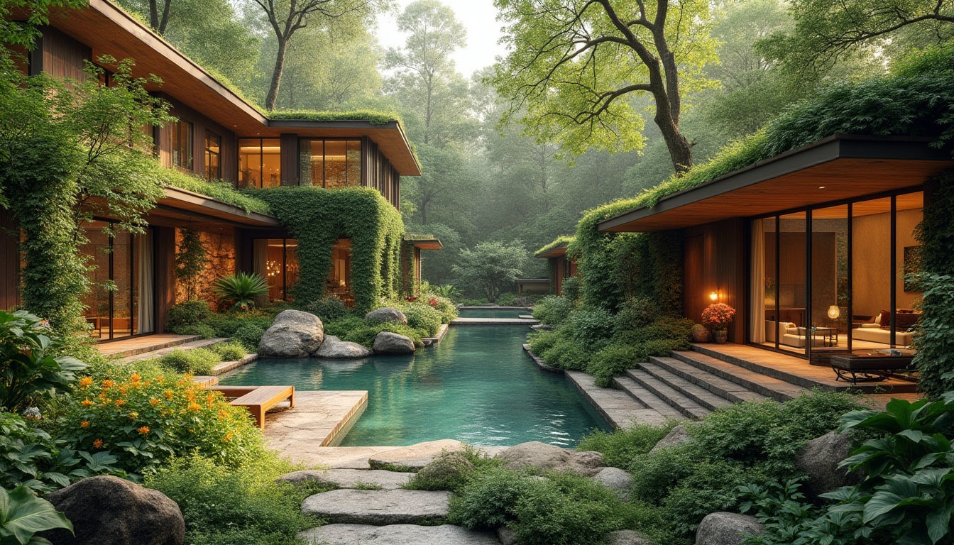 Prompt: Harmonious landscape integration, blending modern architecture with nature, lush greenery, vibrant flowers, meandering walkways, natural stone walls, wooden accents, cantilevered roofs, floor-to-ceiling windows, sliding glass doors, seamless indoor-outdoor transition, organic shapes, earthy tones, rustic textures, warm ambient lighting, soft focus, shallow depth of field, 2/3 composition, aerial view, realistic foliage, ambient occlusion.