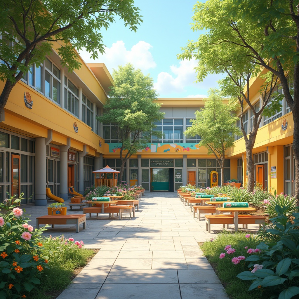 Prompt: Vibrant school courtyard, lush greenery, colorful murals, interactive play equipment, communal seating areas, educational signage, natural stone flooring, modern architecture, large windows, glass doors, blooming flowers, sunny day, soft warm lighting, shallow depth of field, 3/4 composition, panoramic view, realistic textures, ambient occlusion, collaborative learning zones, flexible furniture arrangements, open-air amphitheaters, community gardens, outdoor classrooms, eco-friendly materials, sustainable design elements.