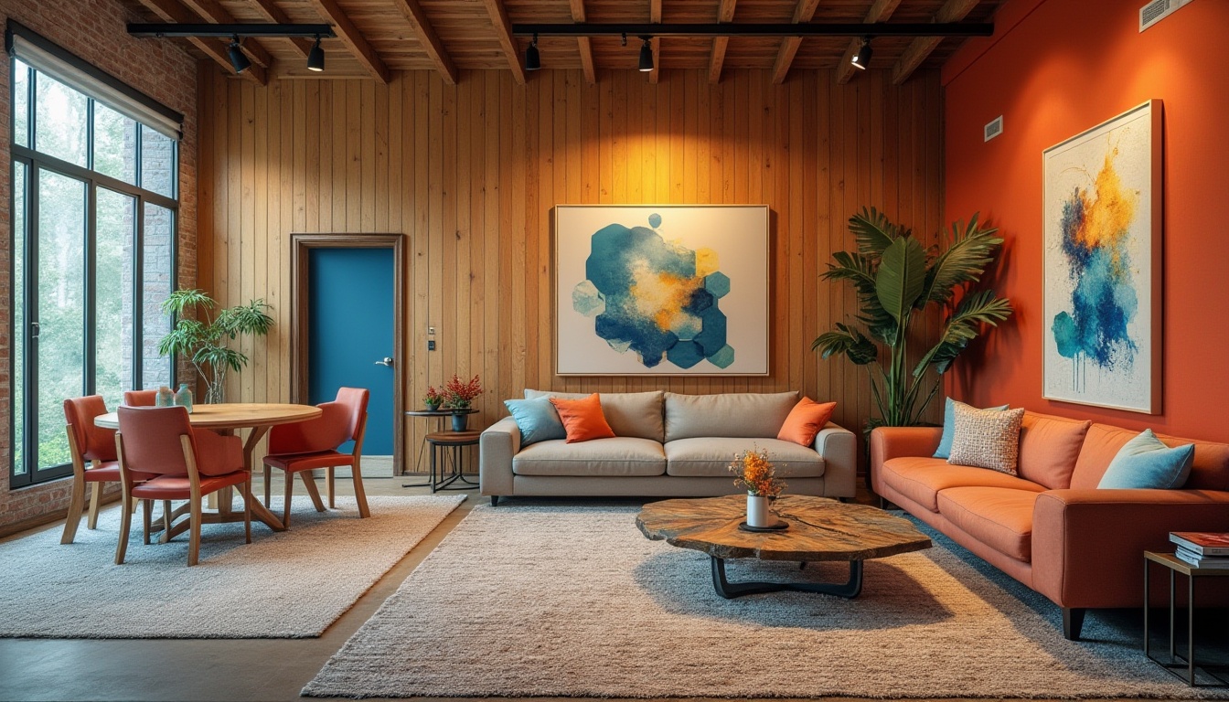 Prompt: Vibrant artistic space, eclectic furniture, bold accent walls, rich wood tones, creamy whites, deep blues, warm golden lighting, textured rugs, abstract artwork, geometric patterns, modern industrial decor, reclaimed wood accents, metallic accents, natural stone floors, spacious open layout, 3/4 composition, atmospheric misting, soft focus blur.