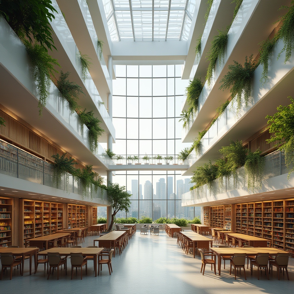 Prompt: Spacious library interior, abundant natural light, clerestory windows, high ceilings, open atrium, minimalist decor, wooden bookshelves, comfortable reading areas, green walls, living plants, eco-friendly materials, passive ventilation systems, automated louvers, solar shading devices, wind catchers, roof gardens, panoramic city views, soft diffused lighting, shallow depth of field, 1/2 composition, realistic textures, ambient occlusion.