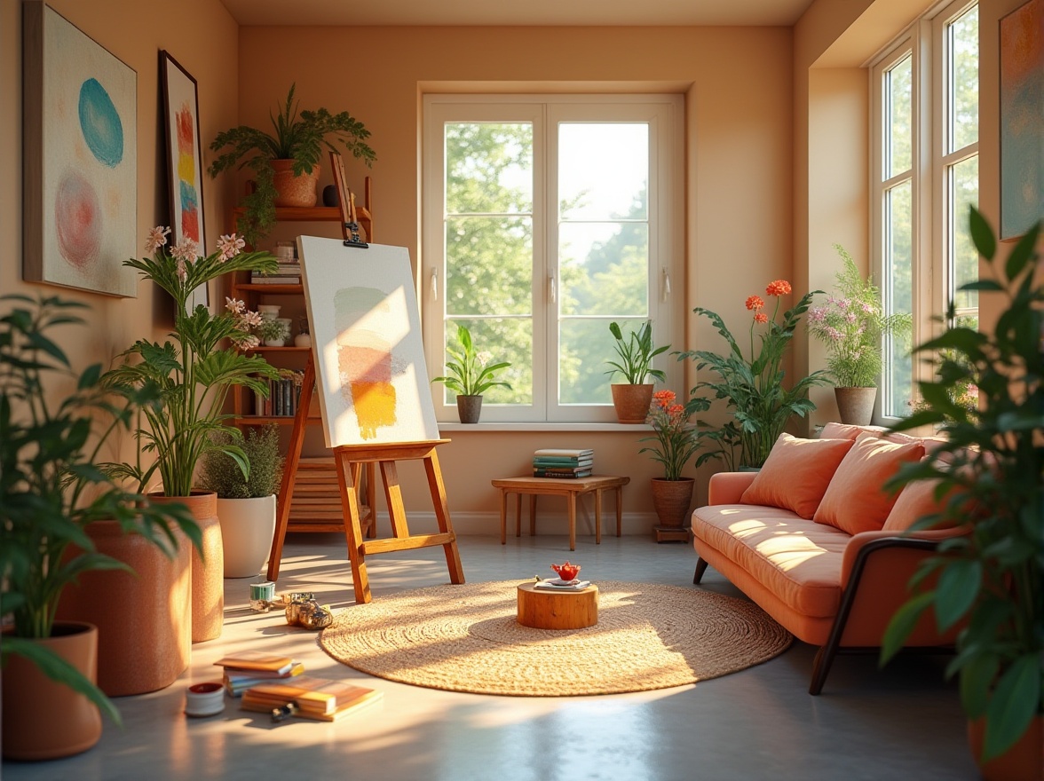 Prompt: Vibrant artistic studio, natural light pouring in, wooden easel, canvas stretching, paintbrushes scattered, inspirational artwork, soothing pastel colors, calming earth tones, rich jewel hues, subtle gradient transitions, warm beige walls, polished concrete floor, cozy reading nook, comfortable velvet couch, lush greenery, blooming flowers, soft warm lighting, shallow depth of field, 3/4 composition, realistic textures, ambient occlusion.