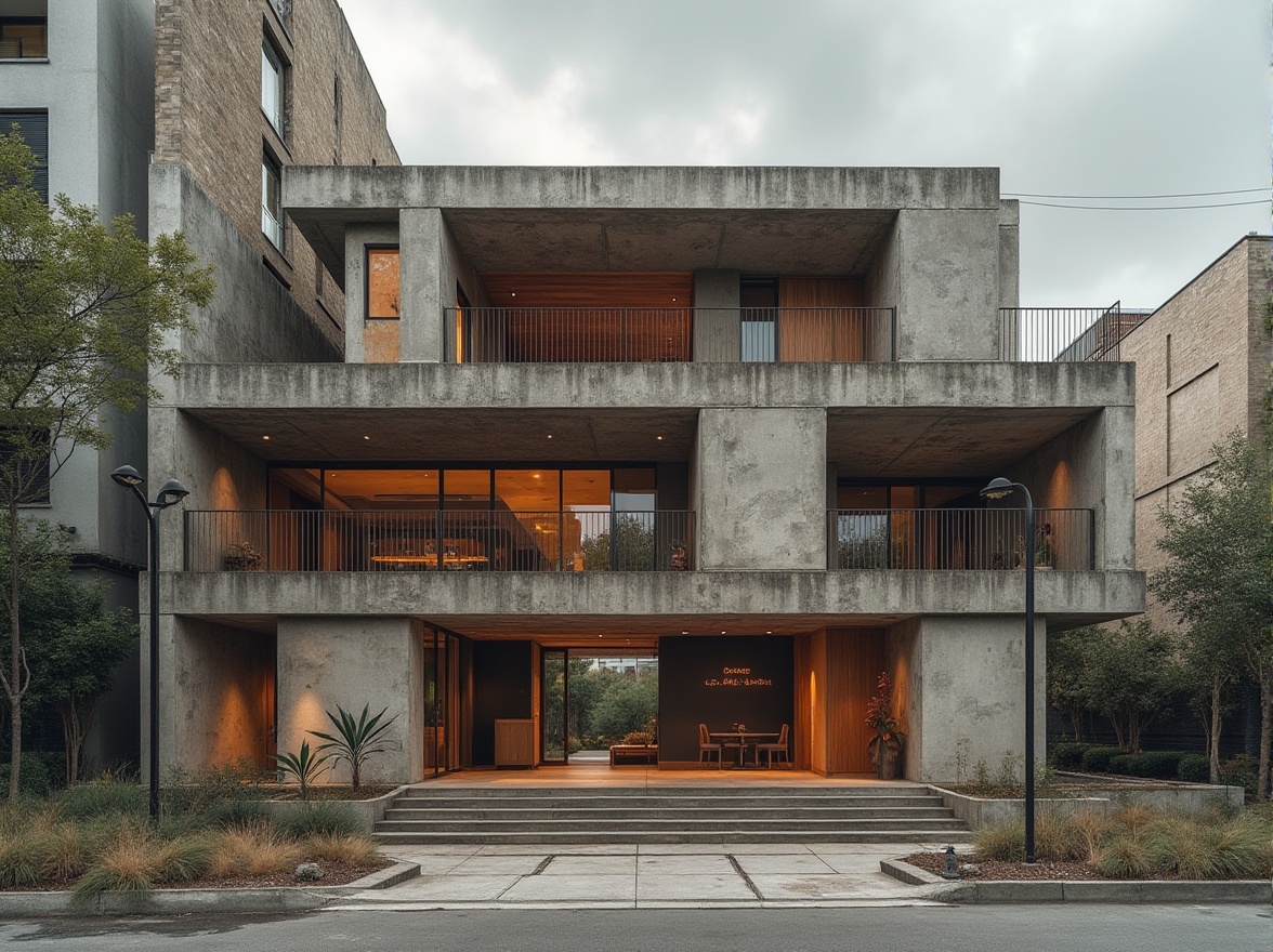 Prompt: Rustic brutalist architecture, exposed concrete structures, raw metal beams, industrial materials, reclaimed wood accents, earthy color palette, natural textures, geometric shapes, minimalist ornaments, urban cityscape, cloudy overcast sky, soft diffused lighting, shallow depth of field, 2/3 composition, symmetrical framing, realistic rendering, ambient occlusion.Let me know if this meets your requirements!