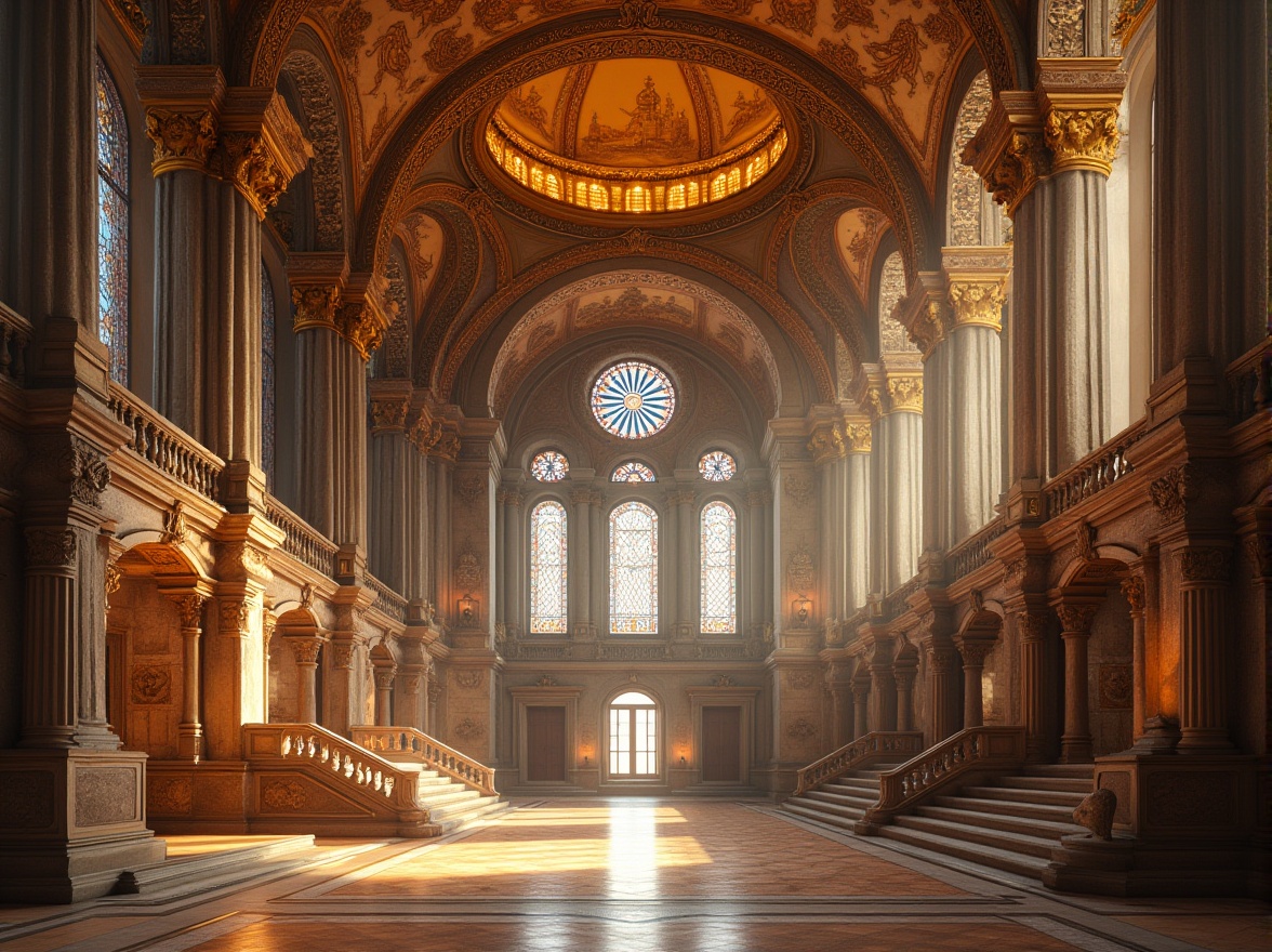 Prompt: Grandiose university building, ornate Byzantine architecture, golden domes, intricate mosaics, lavish stone carvings, richly textured walls, ornamental archways, grand staircases, elaborate chandeliers, majestic columns, vibrant stained glass windows, warm earthy tones, soft diffused lighting, dramatic shadows, 3/4 composition, symmetrical framing, realistic textures, ambient occlusion.