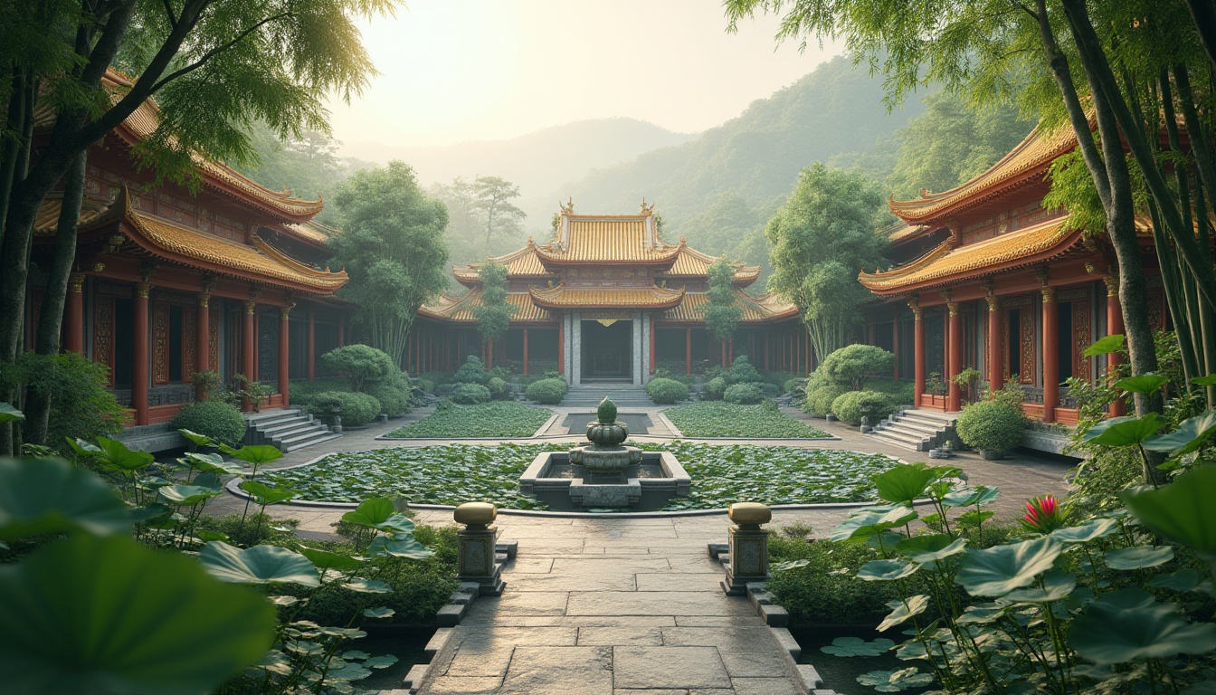 Prompt: Sacred temple complex, lush green courtyard, serene water features, lotus flowers, intricately carved stone walls, golden pagoda roofs, vibrant cultural patterns, natural stone pathways, peaceful bamboo groves, misty morning atmosphere, warm soft lighting, shallow depth of field, 1/2 composition, panoramic view, realistic textures, ambient occlusion, harmonious landscape integration, spiritual ambiance.