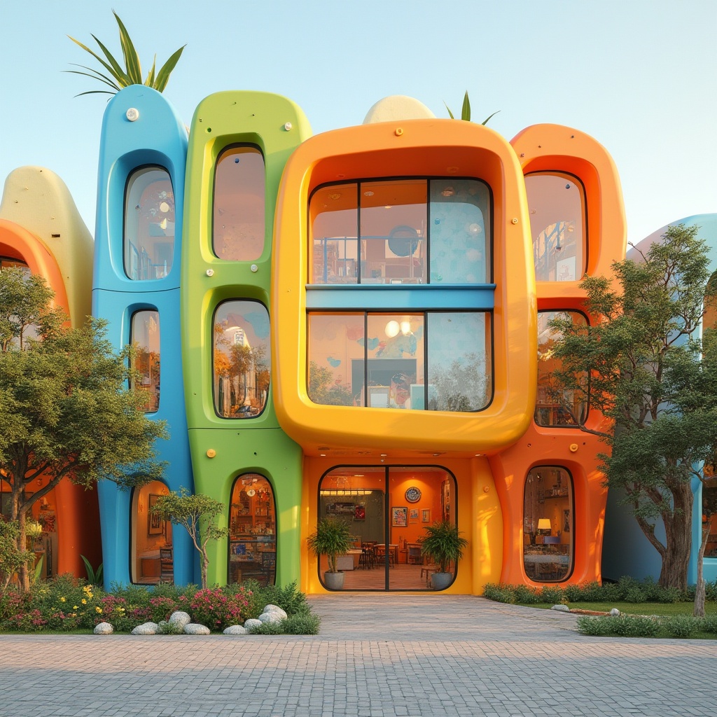 Prompt: Vibrant kindergarten facade, playful modernist architecture, bold color blocking, irregular shapes, undulating walls, transparent glass surfaces, sliding windows, natural ventilation systems, educational signage, whimsical patterns, interactive installations, soft outdoor lighting, shallow depth of field, 1/2 composition, wide-angle lens, realistic textures, ambient occlusion, eco-friendly materials, sustainable building practices.