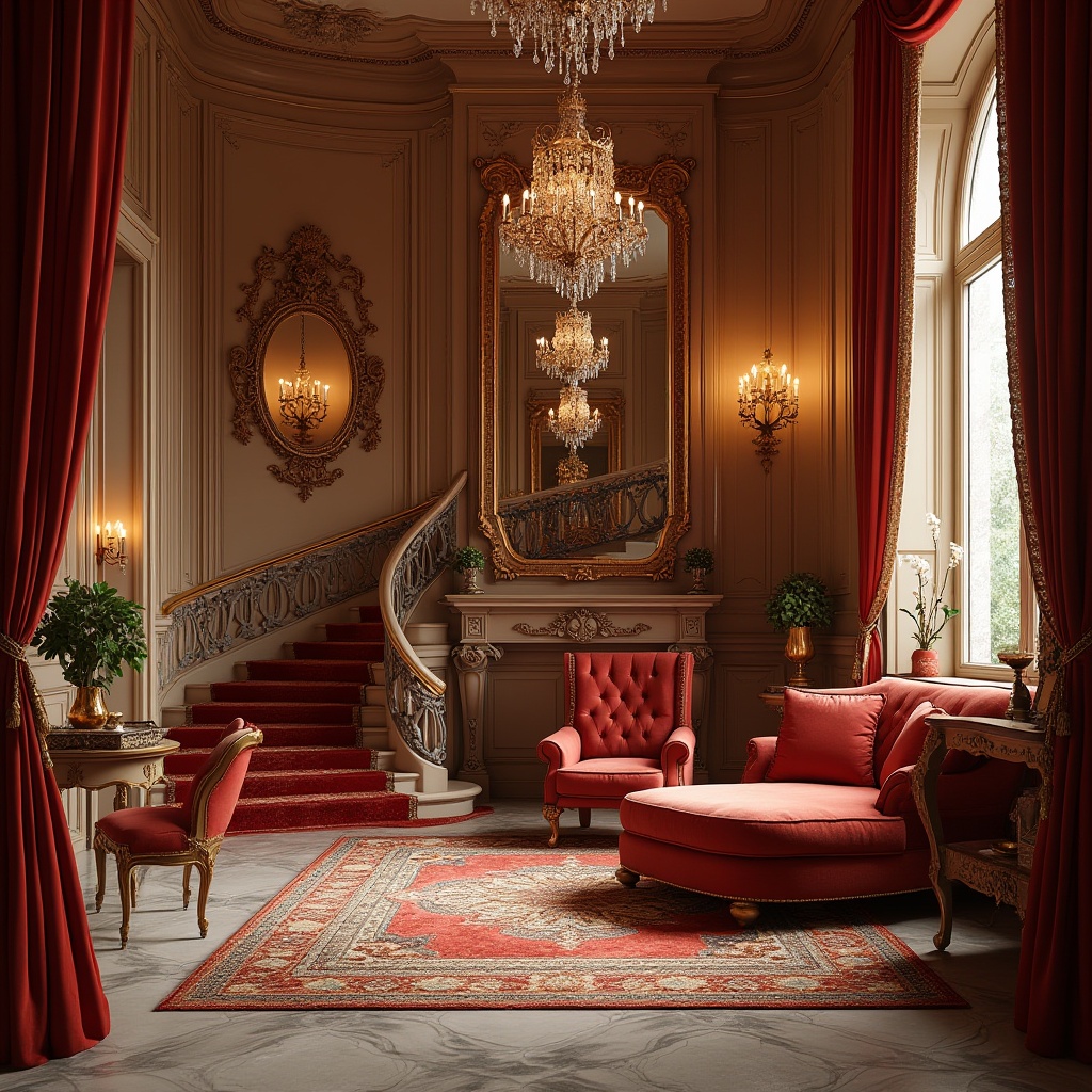 Prompt: Rich velvet fabrics, ornate gold frames, crystal chandeliers, grandiose staircase, marble floors, intricate moldings, luxurious furnishings, plush carpets, lavish drapery, gilded mirrors, dramatic archways, sweeping curves, opulent textiles, regal color palette, warm candlelight, soft focus, shallow depth of field, 1/2 composition, ornate decorative accents, refined wood tones, elegant furniture silhouettes.