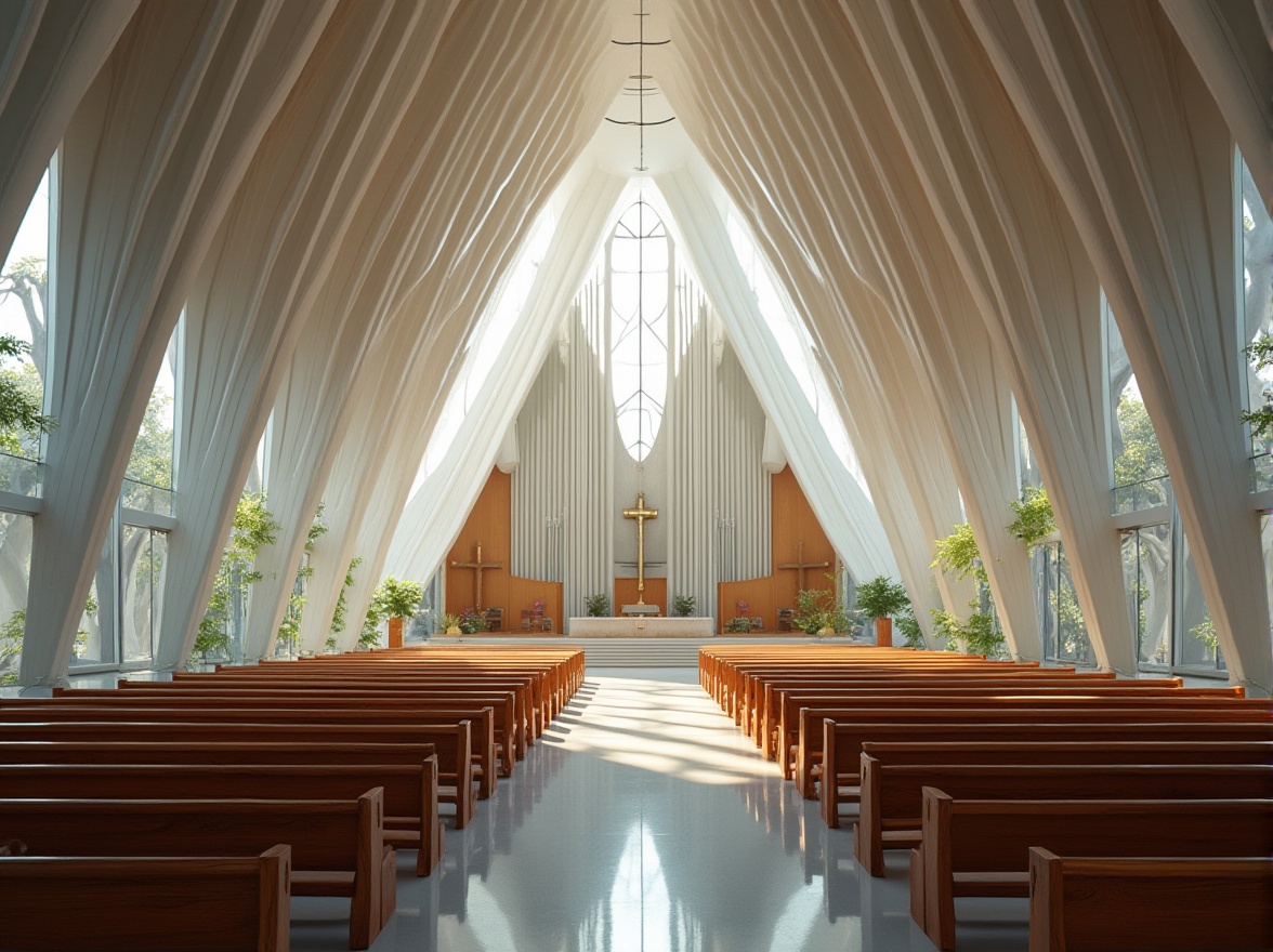 Prompt: Contemporary church building, sleek lines, minimalist facade, large glass windows, natural light, open interior spaces, curved wooden pews, modern stained-glass art, abstract sculptures, spiritual ambiance, peaceful atmosphere, subtle lighting, shallow depth of field, 3/4 composition, panoramic view, realistic textures, ambient occlusion, innovative roofing systems, green roofs, solar panels, sustainable materials, airy vaulted ceilings, dramatic archways, elegant simplicity, futuristic bell towers.