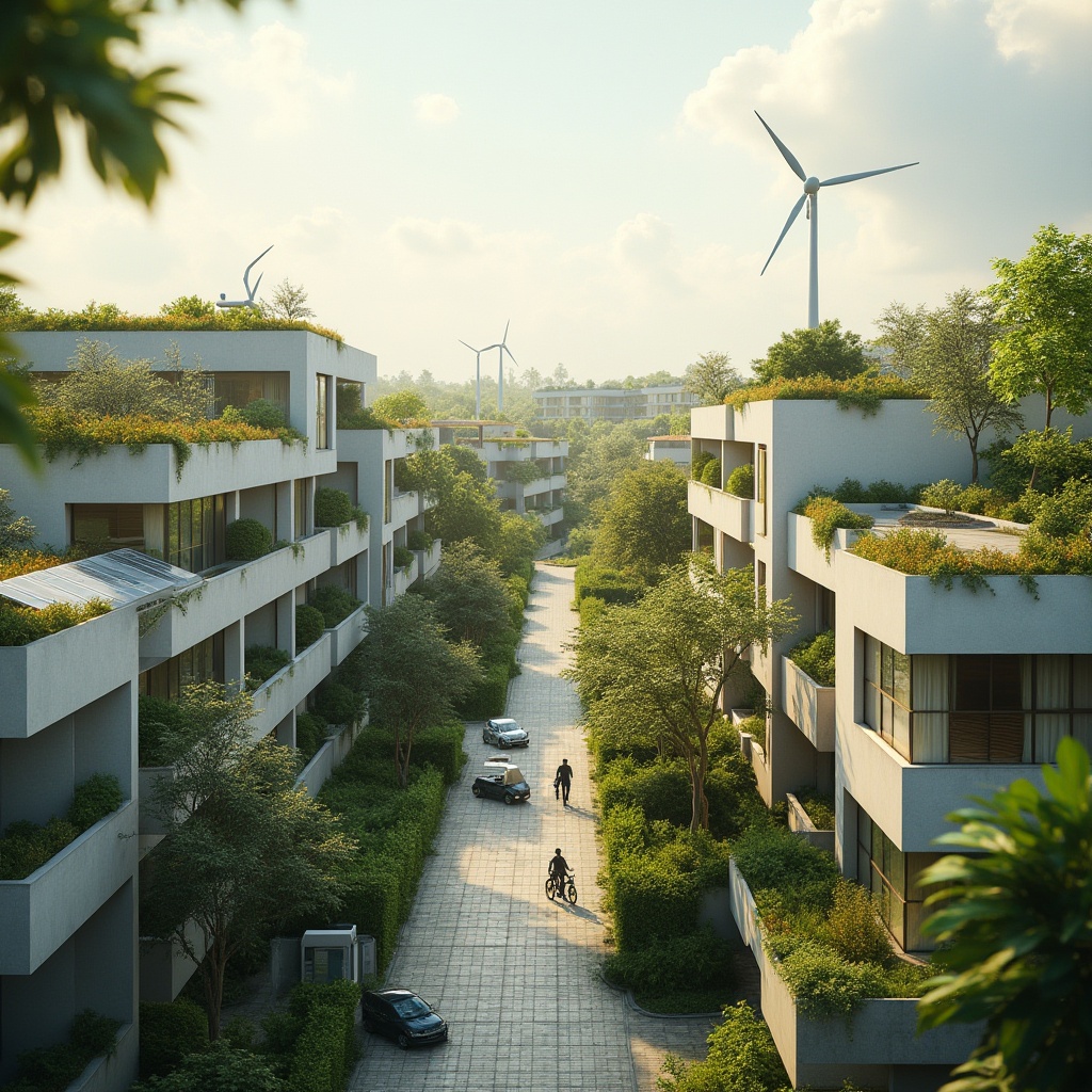 Prompt: Eco-friendly residential complex, green roofs, solar panels, wind turbines, rainwater harvesting systems, recycled materials, energy-efficient appliances, natural ventilation systems, organic gardens, composting facilities, bicycle parking areas, electric vehicle charging stations, LED lighting, minimalist design, neutral color palette, abundant natural light, soft warm ambiance, shallow depth of field, 3/4 composition, realistic textures.