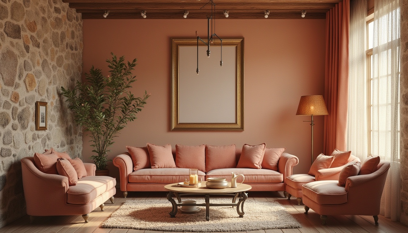 Prompt: Warm peach tones, soft blush hues, creamy whites, rich gold accents, natural wood textures, rustic stone walls, cozy living room, plush velvet sofas, vintage armchairs, ornate metal frames, delicate lace curtains, warm candlelight, shallow depth of field, 1/1 composition, intimate atmosphere, realistic rendering.