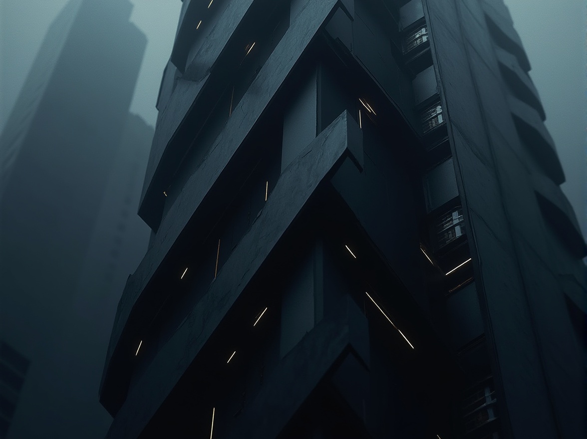 Prompt: Dark gray metallic fa\u00e7ade, futuristic architecture, angular lines, sharp edges, matte finish, LED lighting, neon accents, urban cityscape, nighttime atmosphere, misty fog, mysterious ambiance, high-rise building, modern skyscraper, sleek minimalist design, geometric patterns, 3D textured surfaces, abstract reflections, subtle gradient effects, dramatic spotlighting, low-key illumination, cinematic mood, atmospheric depth of field.