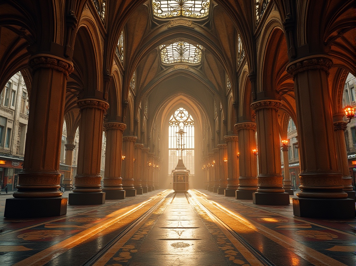 Prompt: Intricate tram station, ornate Gothic arches, ribbed vaults, pointed spires, stained glass windows, grandiose entrance halls, richly patterned floors, high ceilings, dramatic lighting effects, mystical ambiance, urban cityscape, busy streets, modern transportation hub, historic preservation, architectural revival, warm golden lighting, shallow depth of field, 2/3 composition, symmetrical view, realistic textures, ambient occlusion.