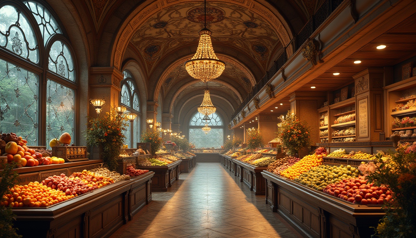 Prompt: Opulent grocery store, curved ornate lines, flowing organic patterns, lavish decorations, intricate metalwork, stained glass windows, warm golden lighting, rich wood accents, luxurious fabrics, antique fixtures, ornamental fruits, overflowing flower arrangements, vintage advertisements, distressed stone walls, grandiose chandeliers, soft focus, shallow depth of field, 1/2 composition, warm color palette, realistic textures, ambient occlusion.