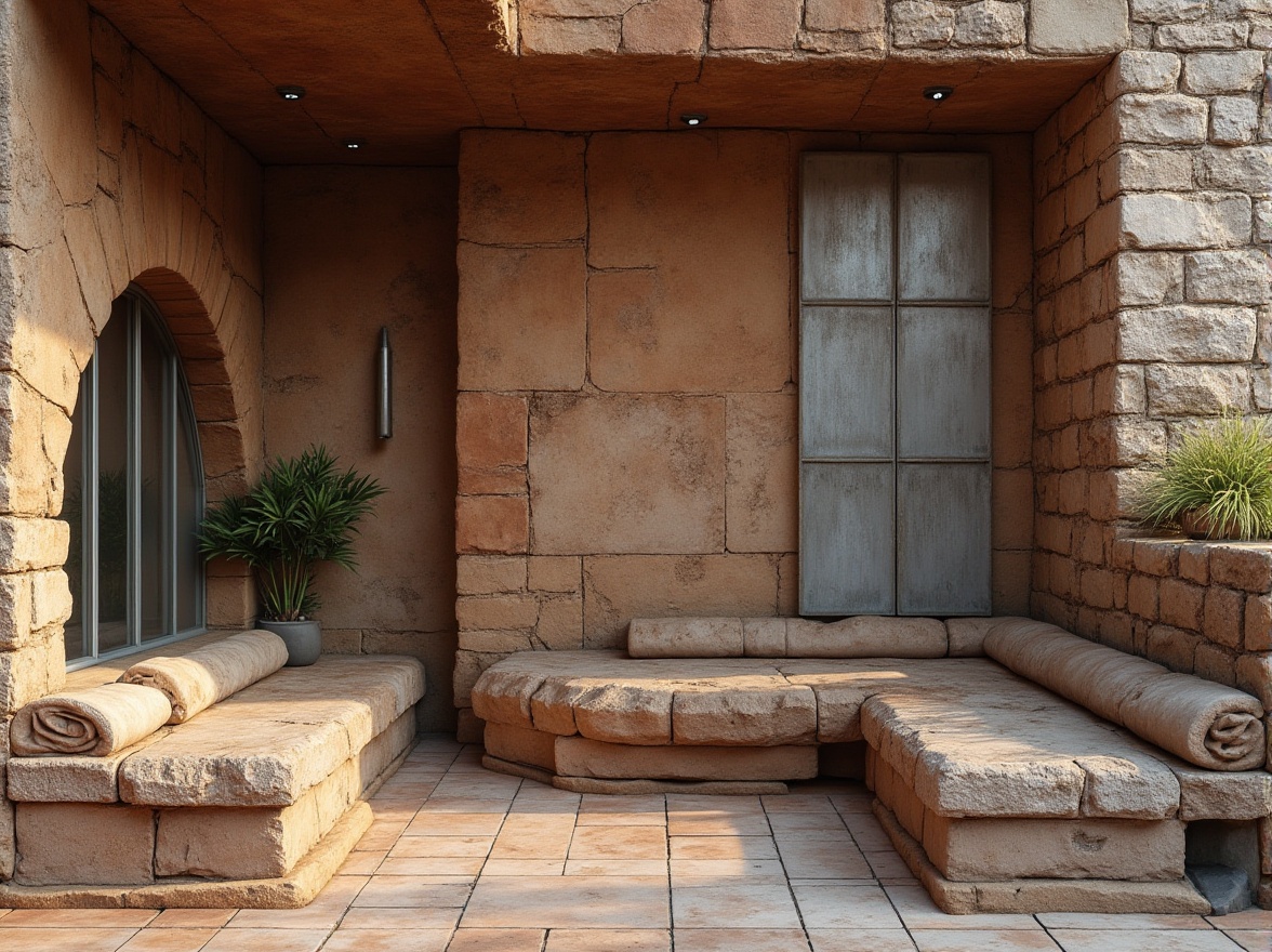 Prompt: Rustic stone walls, weathered wooden planks, distressed metal panels, rough-hewn concrete, earthy terracotta tiles, organic natural forms, curved lines, irregular shapes, abstract patterns, tactile experiences, richly detailed textures, ambient occlusion, soft warm lighting, shallow depth of field, 3/4 composition, panoramic view, realistic materials, architectural landmarks, modern brutalist style, industrial chic aesthetic.