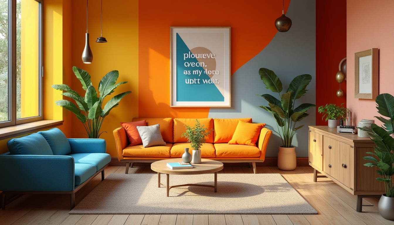 Prompt: Vibrant motivational space, bold color accents, energetic orange tones, uplifting yellow hues, calming blue shades, natural greenery, wooden textures, modern minimalist furniture, sleek metallic decorations, geometric patterns, abstract artwork, inspiring quotes, warm lighting, shallow depth of field, 3/4 composition, realistic renderings.