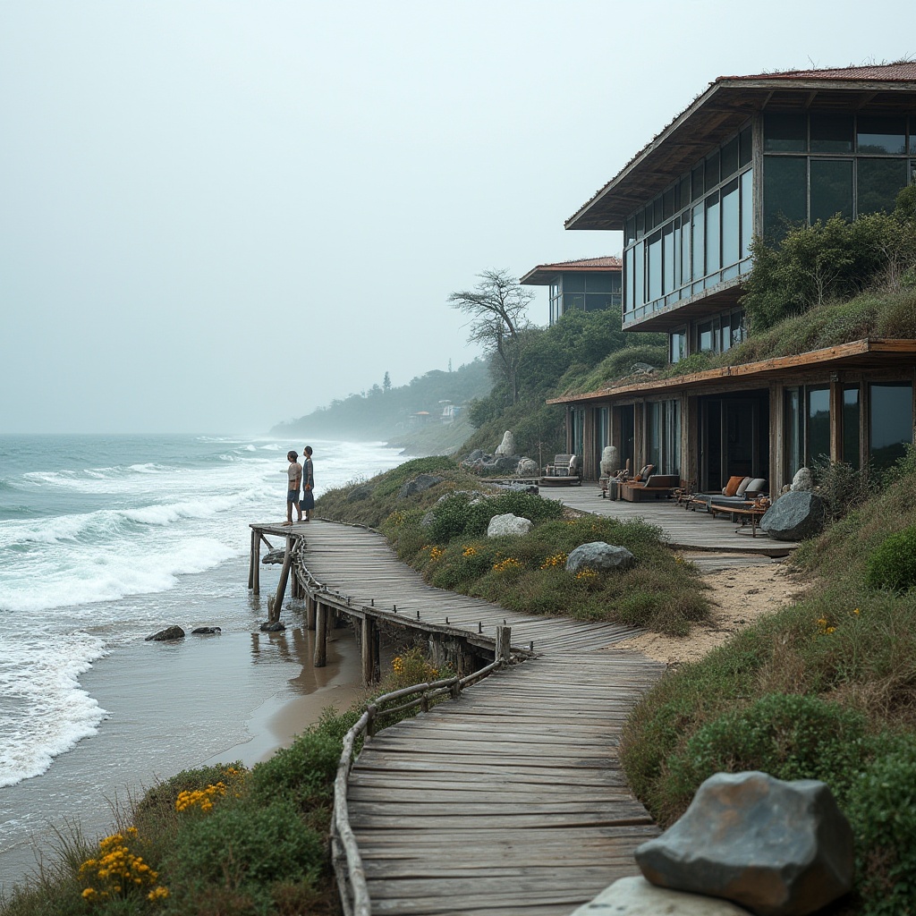 Prompt: Weathered wooden docks, crashing ocean waves, salty sea air, beachside vegetation, driftwood sculptures, rusted metal accents, natural stone seawalls, curved shoreline promenades, modern coastal architecture, large ocean-view windows, sliding glass doors, wind-resistant structures, sustainable building materials, green roofs, rainwater harvesting systems, flood-resilient design, elevated foundation systems, ocean-inspired color palette, soft diffused lighting, atmospheric mist, 1/2 composition, realistic textures, ambient occlusion.