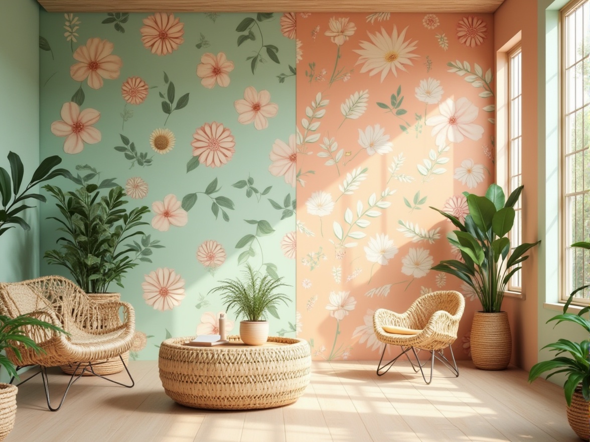 Prompt: Vibrant floral patterns, pastel hues, soft peach tones, calming mint greens, creamy whites, warm beige accents, natural wood textures, woven basket furniture, lush greenery, serene ambiance, gentle warm lighting, shallow depth of field, 3/4 composition, realistic textures, ambient occlusion.