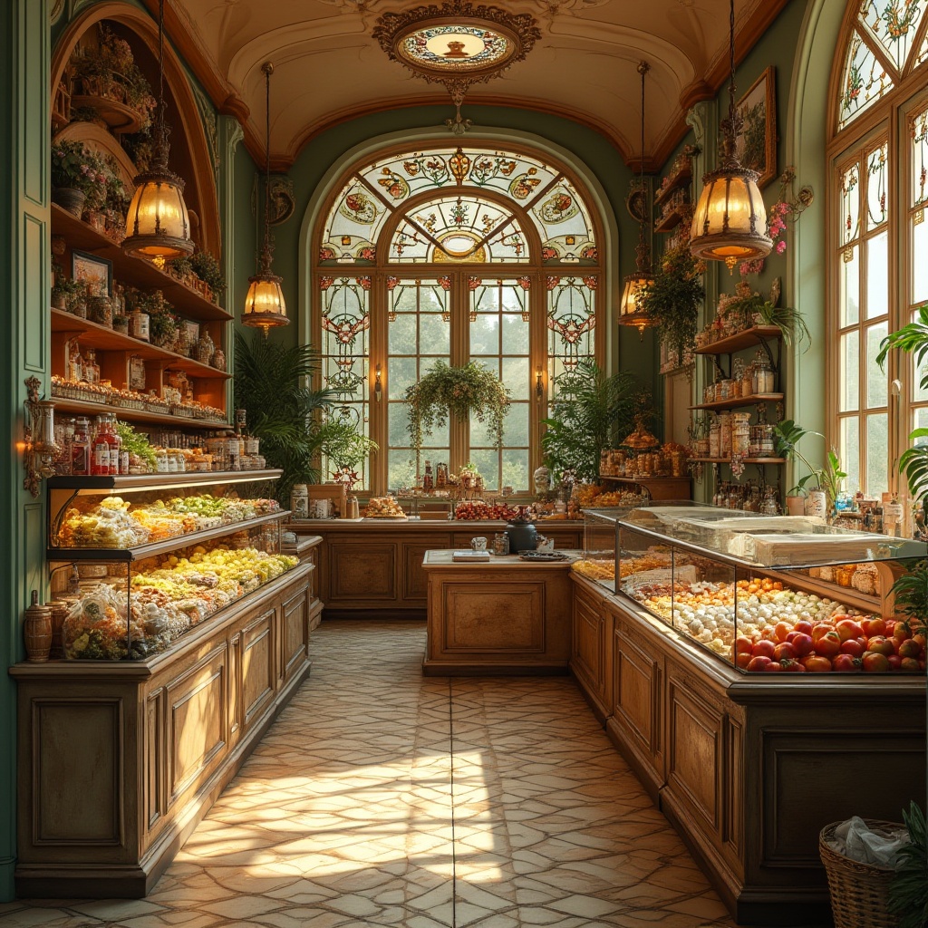 Prompt: Richly ornamented grocery store, Art Nouveau style, earthy tone color palette, warm beige walls, soft sage green accents, rich walnut wood shelves, copper metalwork details, elegant curves, organic shapes, stained glass windows, natural light pouring in, lively flower patterns, intricate botanical illustrations, vintage-inspired packaging designs, distressed wooden crates, rustic ceramic tiles, ornate ironwork railings, inviting atmosphere, warm golden lighting, shallow depth of field, 2/3 composition, realistic textures, ambient occlusion.