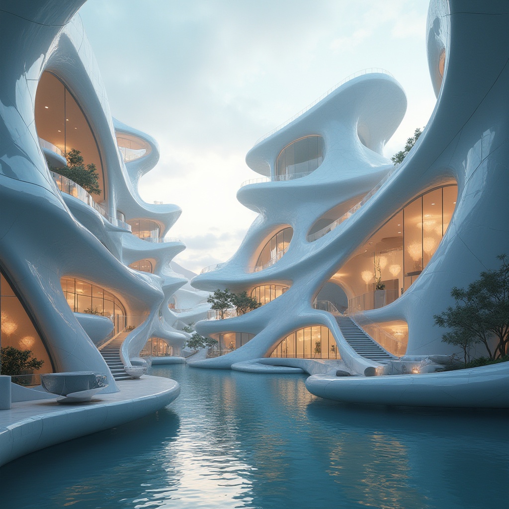 Prompt: Organic curvaceous buildings, flowing lines, dynamic shapes, futuristic architecture, sleek metallic surfaces, iridescent glass fa\u00e7ades, undulating roofs, cantilevered structures, winding staircases, spiraling columns, minimalist d\u00e9cor, ambient lighting, soft focus, shallow depth of field, 1/1 composition, cinematic views, realistic renderings, atmospheric effects.