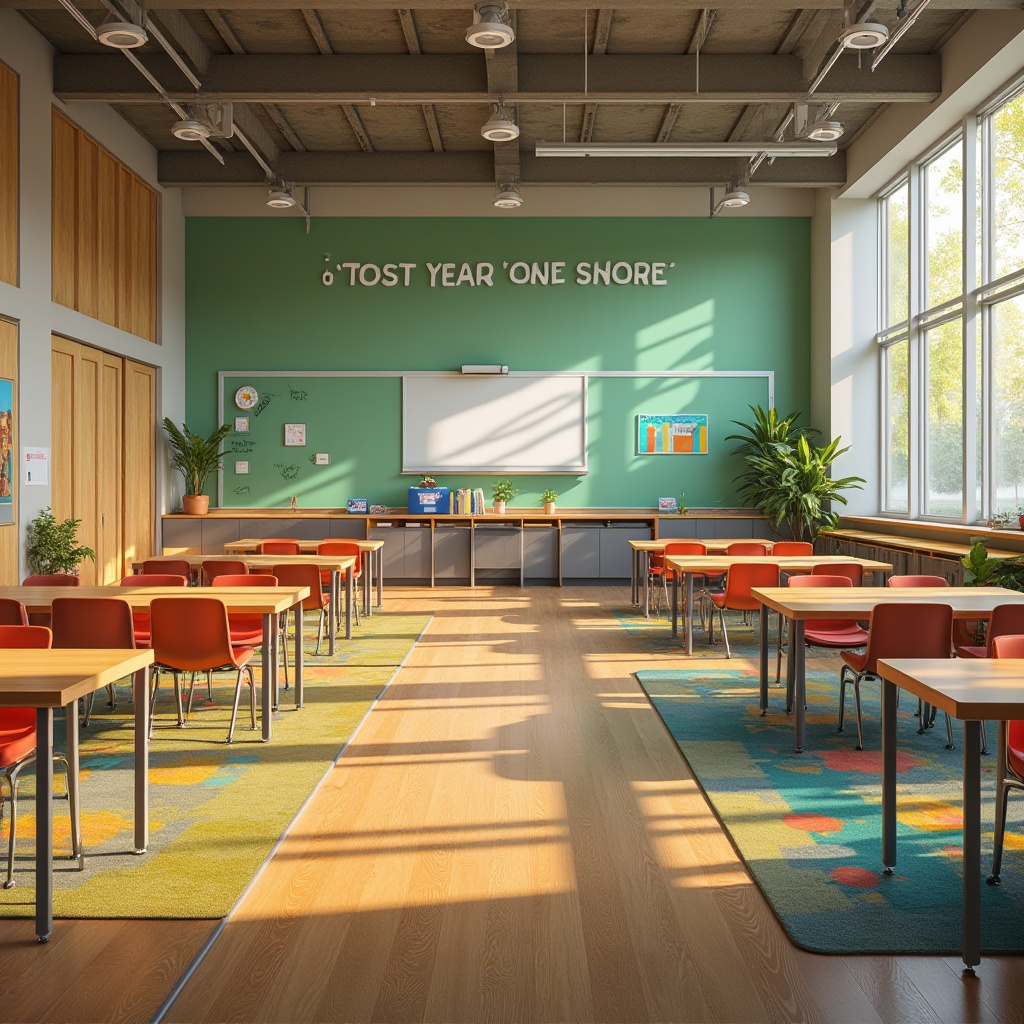 Prompt: Vibrant classroom, inspirational quotes, collaborative workstations, comfortable seating areas, natural wood accents, green walls, soft warm lighting, ergonomic chairs, interactive whiteboards, colorful rugs, geometric patterns, minimalist decor, ample storage spaces, flexible modular furniture, diverse learning zones, cozy reading nooks, stimulating artwork, modern architecture, open ceiling, abundant natural light, shallow depth of field, 3/4 composition.