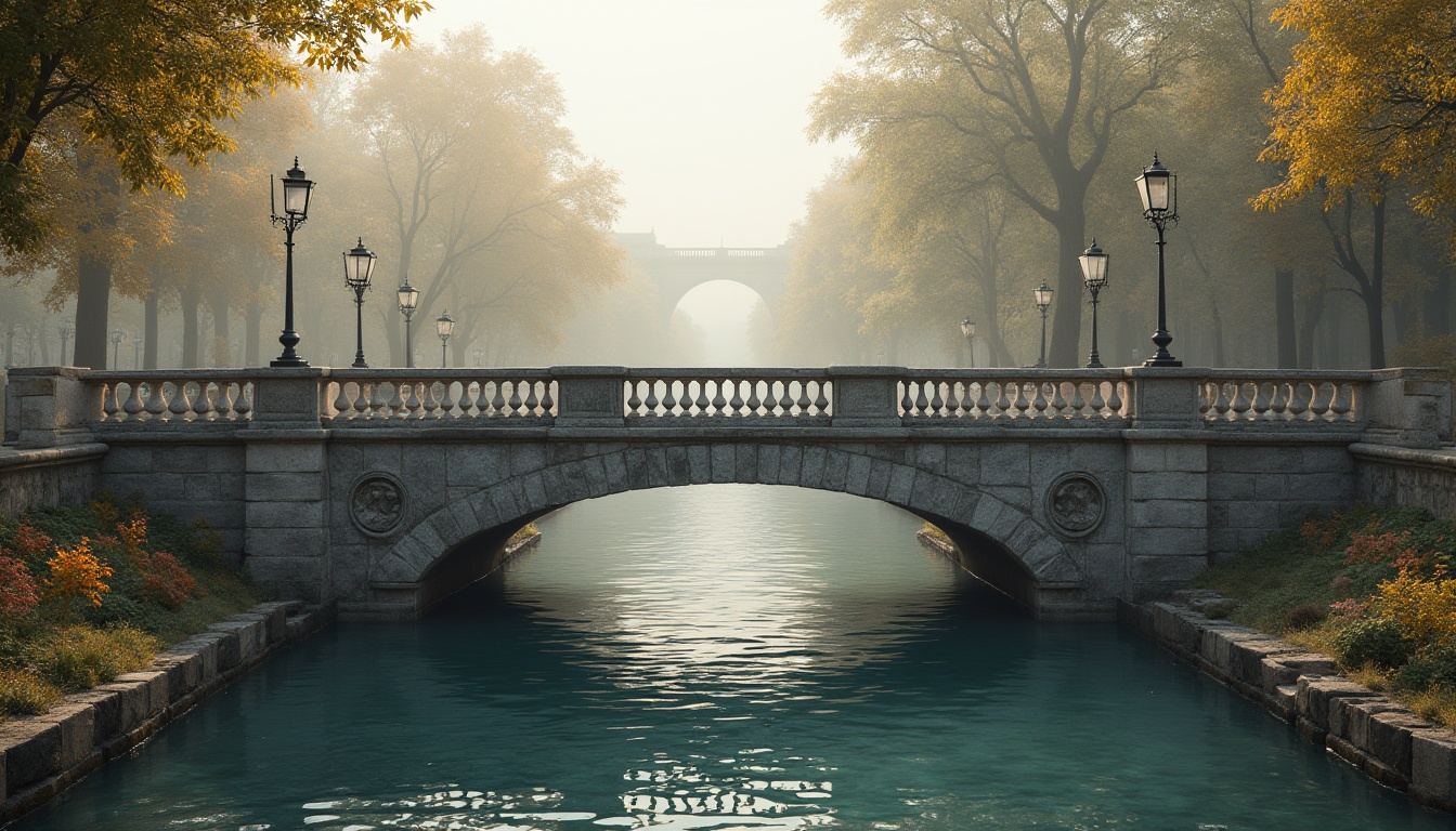 Prompt: Majestic bridge, archaic stone piers, ornate metal railings, grandiose lamp posts, classical columns, symmetrical composition, rustic stonework, weathered wood accents, gentle water flow, serene natural surroundings, misty morning atmosphere, soft warm lighting, shallow depth of field, 1/2 composition, realistic textures, ambient occlusion.Note