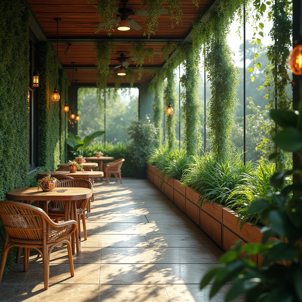 Prompt: Vibrant botanical gardens, lush greenery walls, natural stone flooring, wooden accents, floor-to-ceiling windows, panoramic views, outdoor seating areas, living walls, edible gardens, herb planters, rustic wooden tables, woven rattan chairs, pendant lanterns, soft warm lighting, shallow depth of field, 3/4 composition, realistic textures, ambient occlusion.