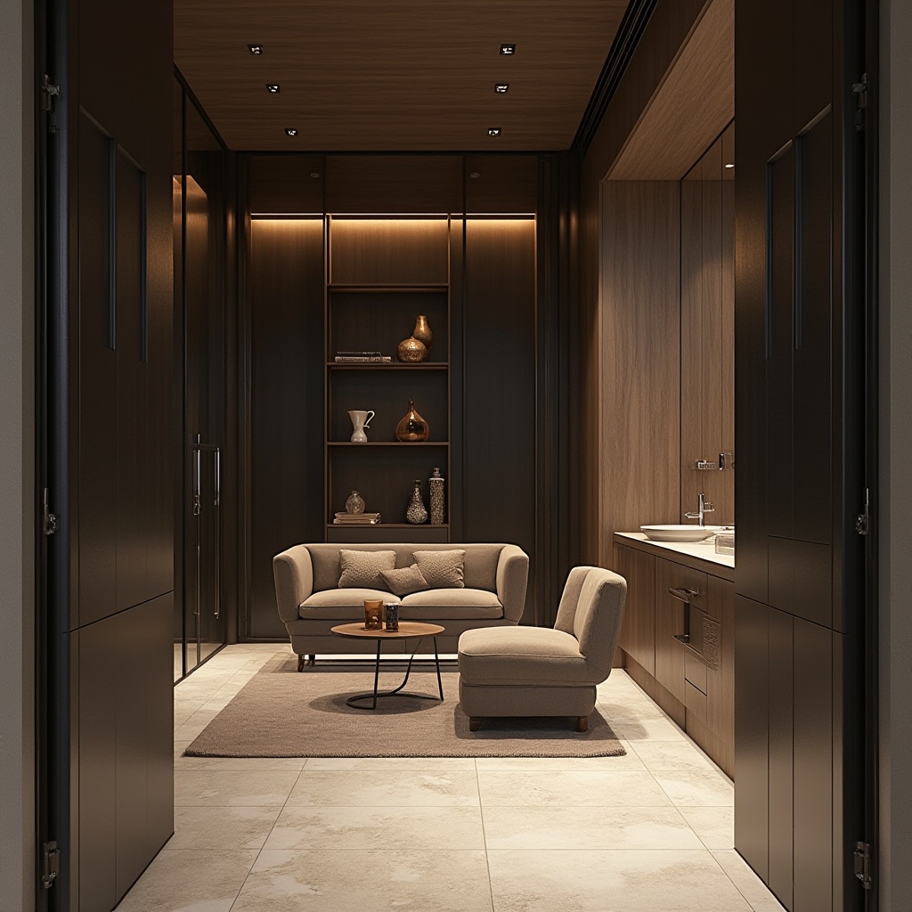 Prompt: Modern luxury interior, high-end finishes, durable materials, sophisticated textures, metallic accents, glass surfaces, matte black frames, rich wood tones, soft fabric upholstery, ambient lighting, warm color palette, 3/4 composition, shallow depth of field, realistic reflections, natural stone flooring, porcelain tiles, brushed metal details, leather-bound accents, elegant minimalism.