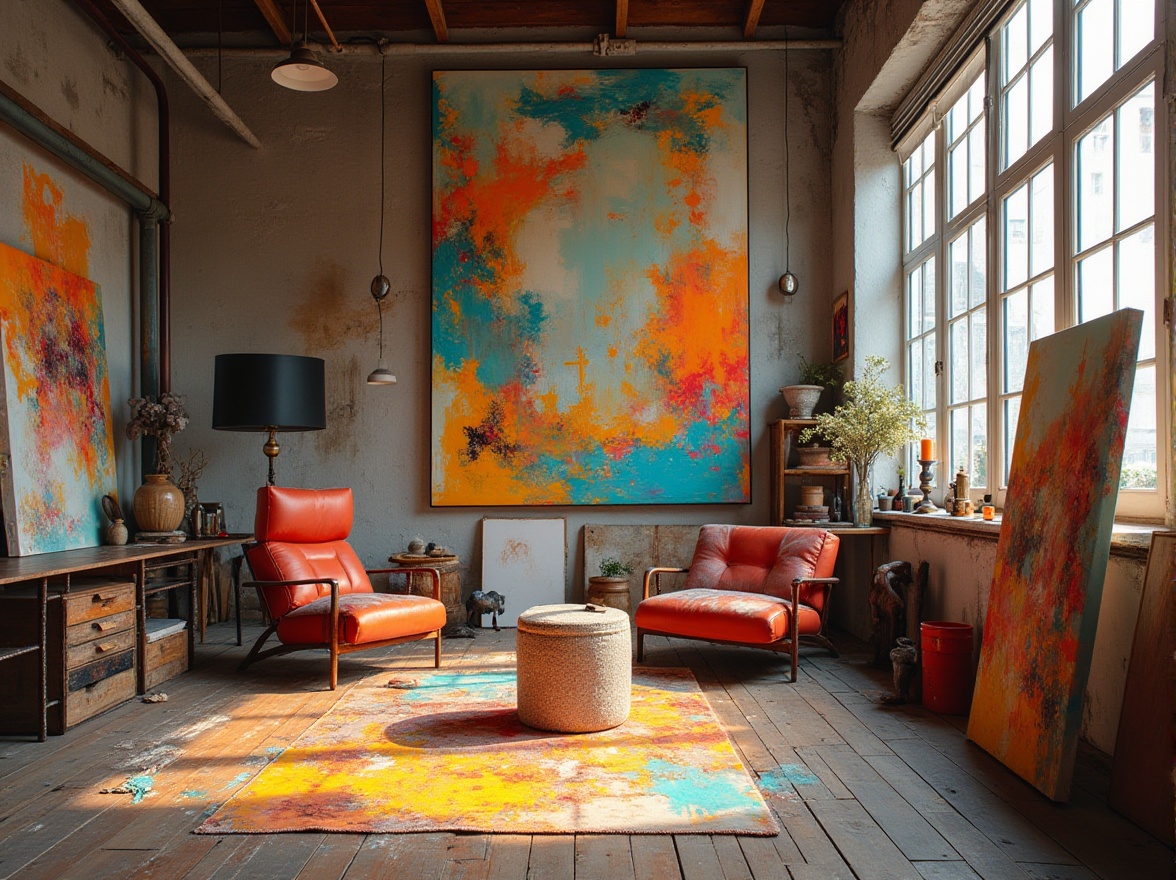 Prompt: Vibrant artistic studio, eclectic color schemes, bold brushstrokes, textured canvases, abstract paintings, expressive sculptures, modern furniture pieces, industrial metal accents, reclaimed wood floors, natural light pouring in, soft warm atmosphere, 1/2 composition, close-up shots, subtle gradient effects, realistic material textures, ambient occlusion.