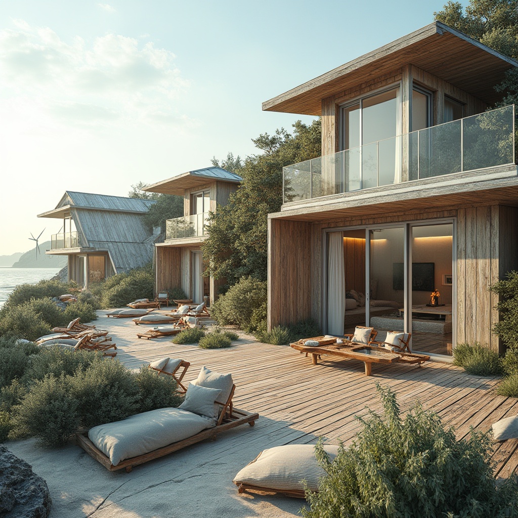 Prompt: Driftwood beach houses, weathered wooden decks, ocean-inspired color palette, reclaimed timber accents, corrugated metal roofs, solar panels, wind turbines, coastal erosion protection systems, green roofs, salt-tolerant vegetation, recycled glass fa\u00e7ades, natural fiber textiles, woven sea grass patterns, curved lines, modern minimalist design, bright airy interiors, large windows, sliding glass doors, beachy keystone architecture, warm sunny day, soft diffused lighting, shallow depth of field, 1/2 composition, realistic textures, ambient occlusion.