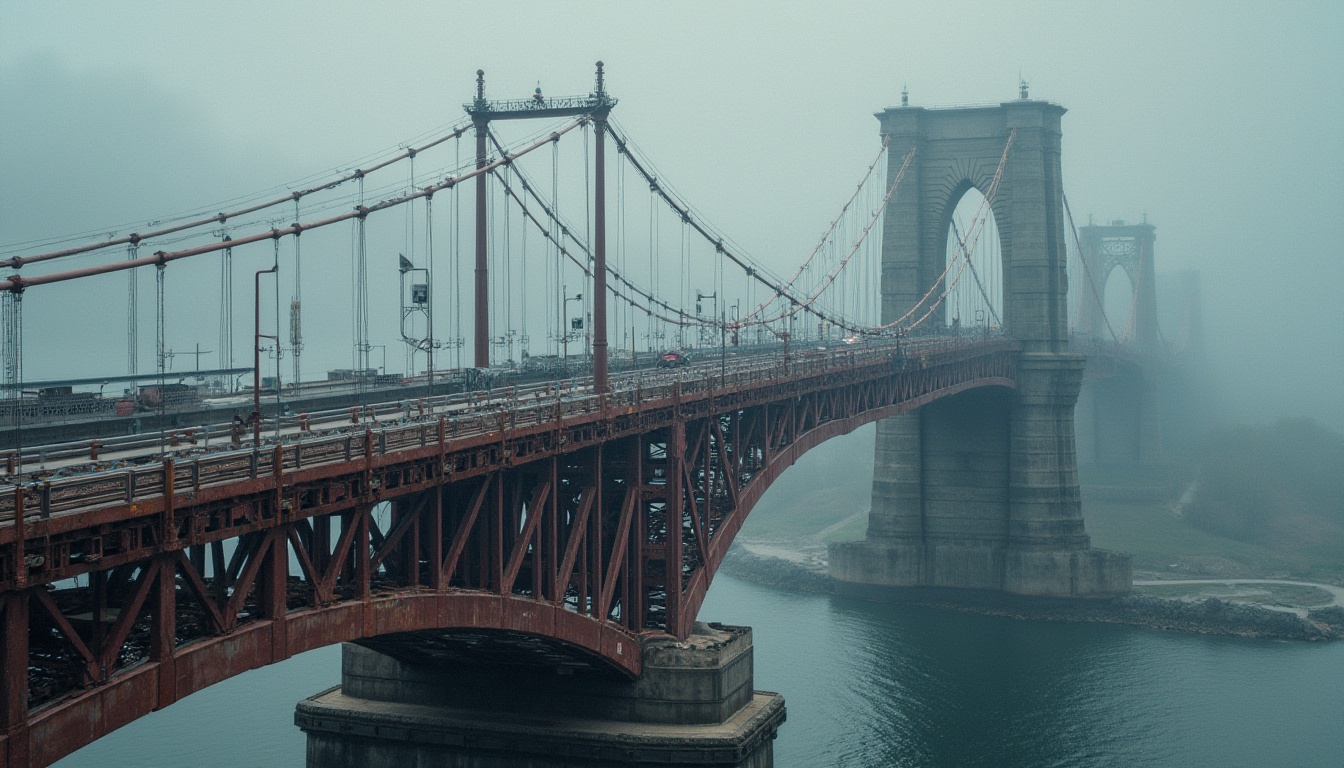 Prompt: Sturdy steel bridges, rust-resistant coatings, durable concrete foundations, reinforced pillars, high-strength cables, weathered stone walls, robust arches, load-bearing beams, heavy-duty railings, corrosion-protected fasteners, wind-resistant design, harsh weather conditions, misty mornings, dramatic cloudy skies, 1/2 composition, shallow depth of field, realistic metallic textures, ambient occlusion.