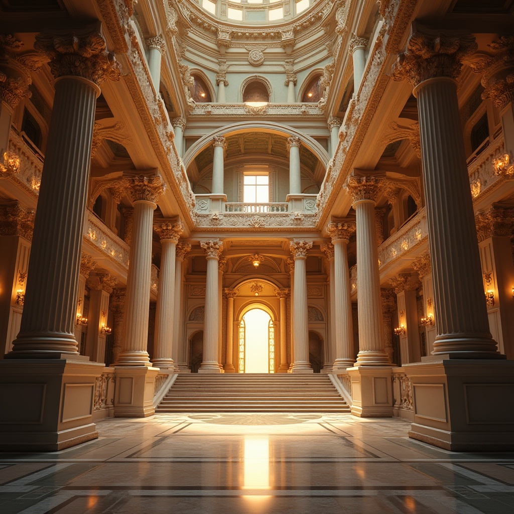 Prompt: Grand amphitheater architecture, sweeping arches, majestic columns, ornate stone carvings, vibrant frescoes, grandiose entranceways, imposing staircases, luxurious marble floors, elegant curved lines, dramatic spotlights, warm golden lighting, shallow depth of field, 1/1 composition, low-angle shot, cinematic atmosphere, realistic textures, ambient occlusion.