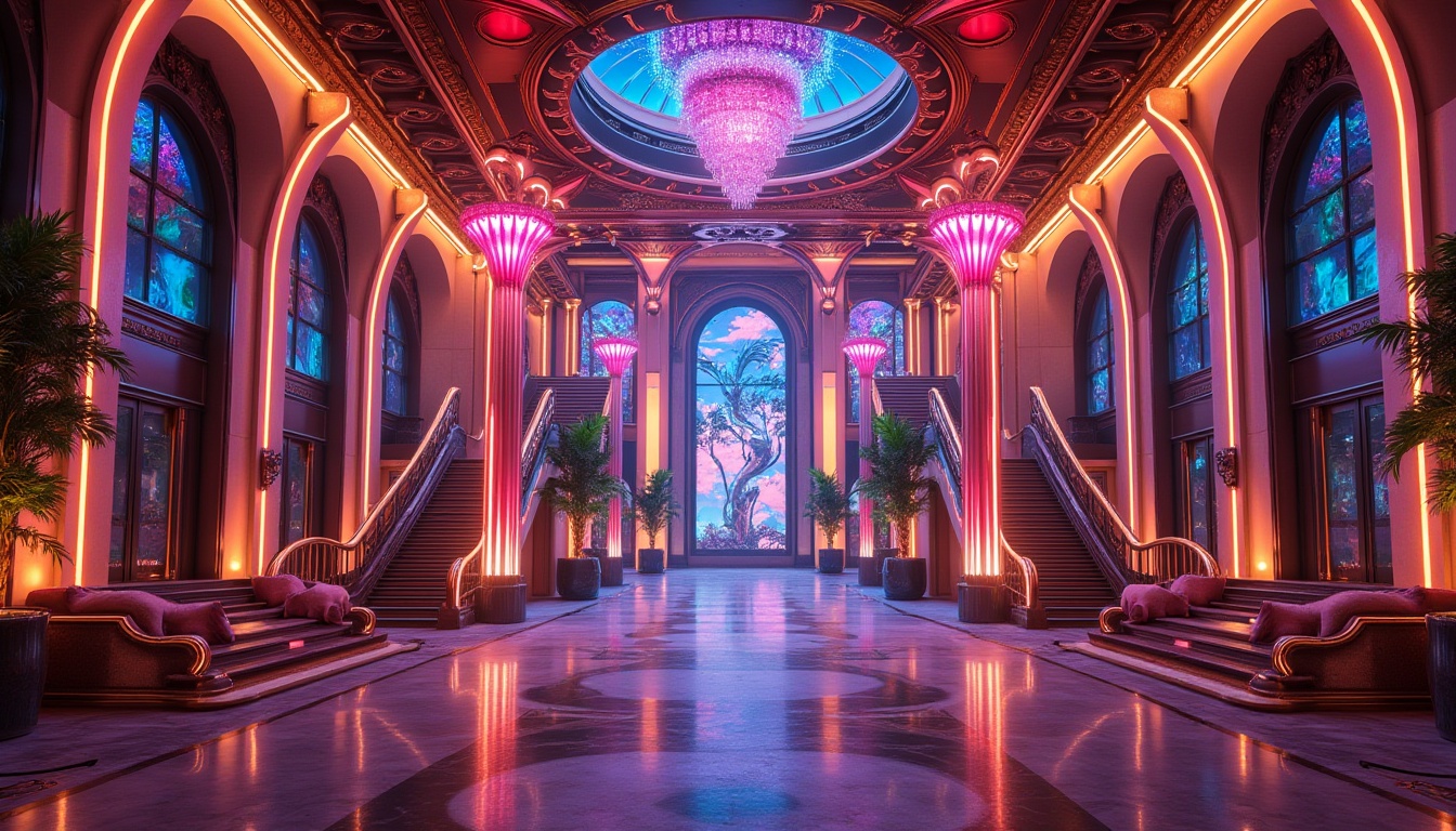 Prompt: Vibrant casino entrance, neon lights, lavish decorations, ornate details, curved lines, dynamic shapes, metallic materials, glass fa\u00e7ades, LED light installations, futuristic aesthetics, luxurious ambiance, high-end finishes, marble floors, grand chandeliers, sweeping staircases, opulent furnishings, bold color schemes, dramatic lighting effects, shallow depth of field, 1/1 composition, symmetrical framing, cinematic atmosphere, realistic reflections.