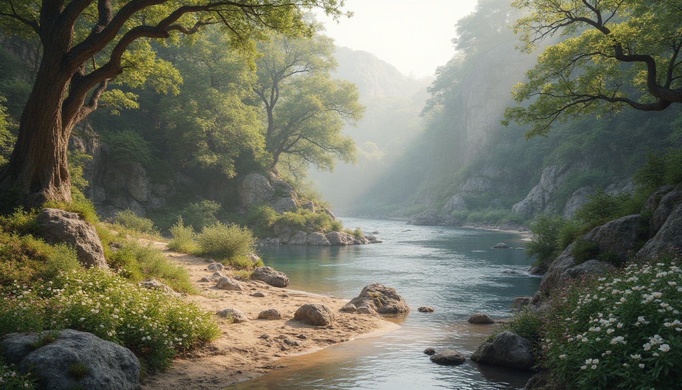 Prompt: Earth tones, mossy greens, sky blues, sandy beiges, driftwood grays, river rock textures, natural stone walls, blooming flowers, lush foliage, serene landscapes, misty mornings, warm sunny days, soft warm lighting, shallow depth of field, 3/4 composition, panoramic view, realistic textures, ambient occlusion.