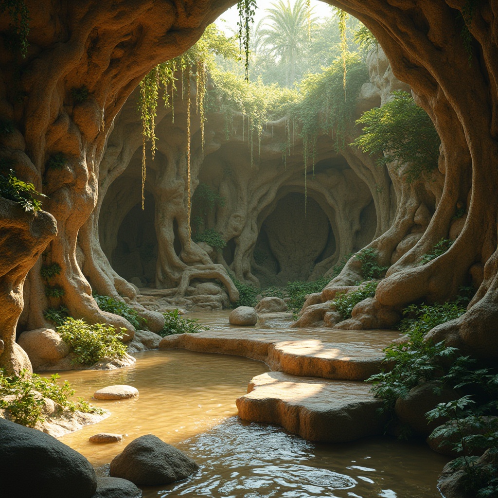 Prompt: Earthy tones, organic forms, natural curves, wavy lines, botanical patterns, leaf-inspired textures, wooden accents, stone walls, moss-covered surfaces, vines entwined structures, flowing water features, serene atmosphere, soft warm lighting, shallow depth of field, 1/1 composition, realistic rendering, ambient occlusion.