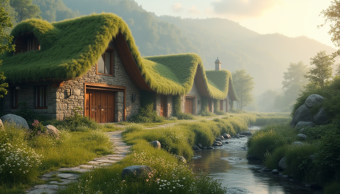 Prompt: Harmonious building facade, natural stone walls, lush green roofs, curved lines, organic shapes, earthy tones, subtle lighting, misty atmosphere, blurred boundaries, seamless transitions, panoramic views, winding paths, meandering streams, rustic wooden bridges, wildflower fields, soft morning fog, warm golden light, high dynamic range, 1/1 composition, cinematic camera angles, realistic vegetation, detailed terrain textures.