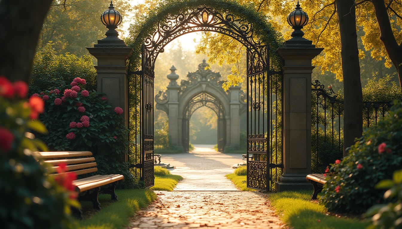 Prompt: Intricate ironwork fences, ornate gates, flowing organic lines, curved benches, vibrant flower patterns, lush green grass, athletic tracks, sports equipment, decorative lanterns, sinuous vines, stylized botanical motifs, warm golden lighting, shallow depth of field, 1/2 composition, soft focus, romantic ambiance, nostalgic atmosphere, elegant typography, Art Nouveau inspired architecture, grand entrance archways, luxurious materials, ornate details, natural stone walls.