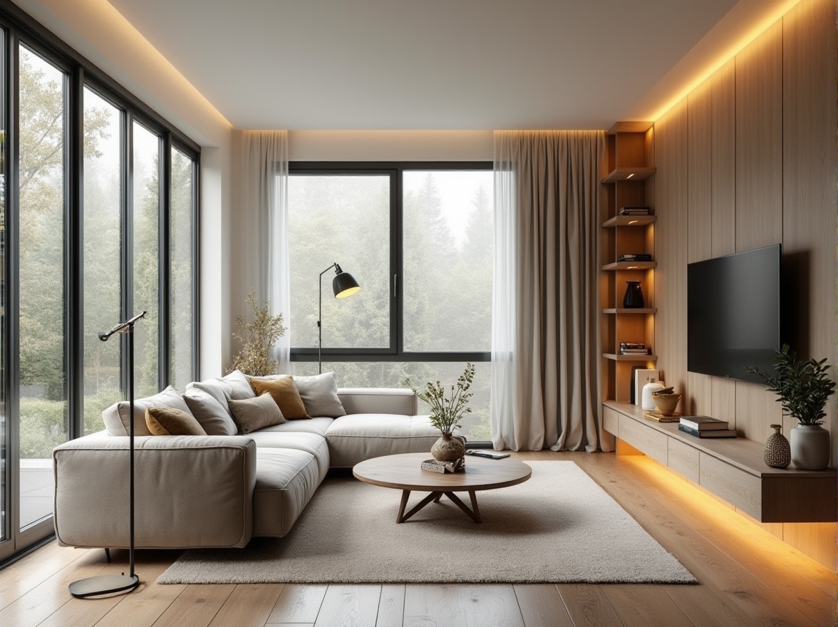 Prompt: Modern living room, comfortable sofa, sleek coffee table, elegant floor lamp, neutral color palette, wooden flooring, large windows, natural light, airy atmosphere, minimalist decor, functional storage units, multi-functional furniture pieces, efficient traffic flow, cozy reading nook, ambient warm lighting, shallow depth of field, 1/1 composition, realistic textures.