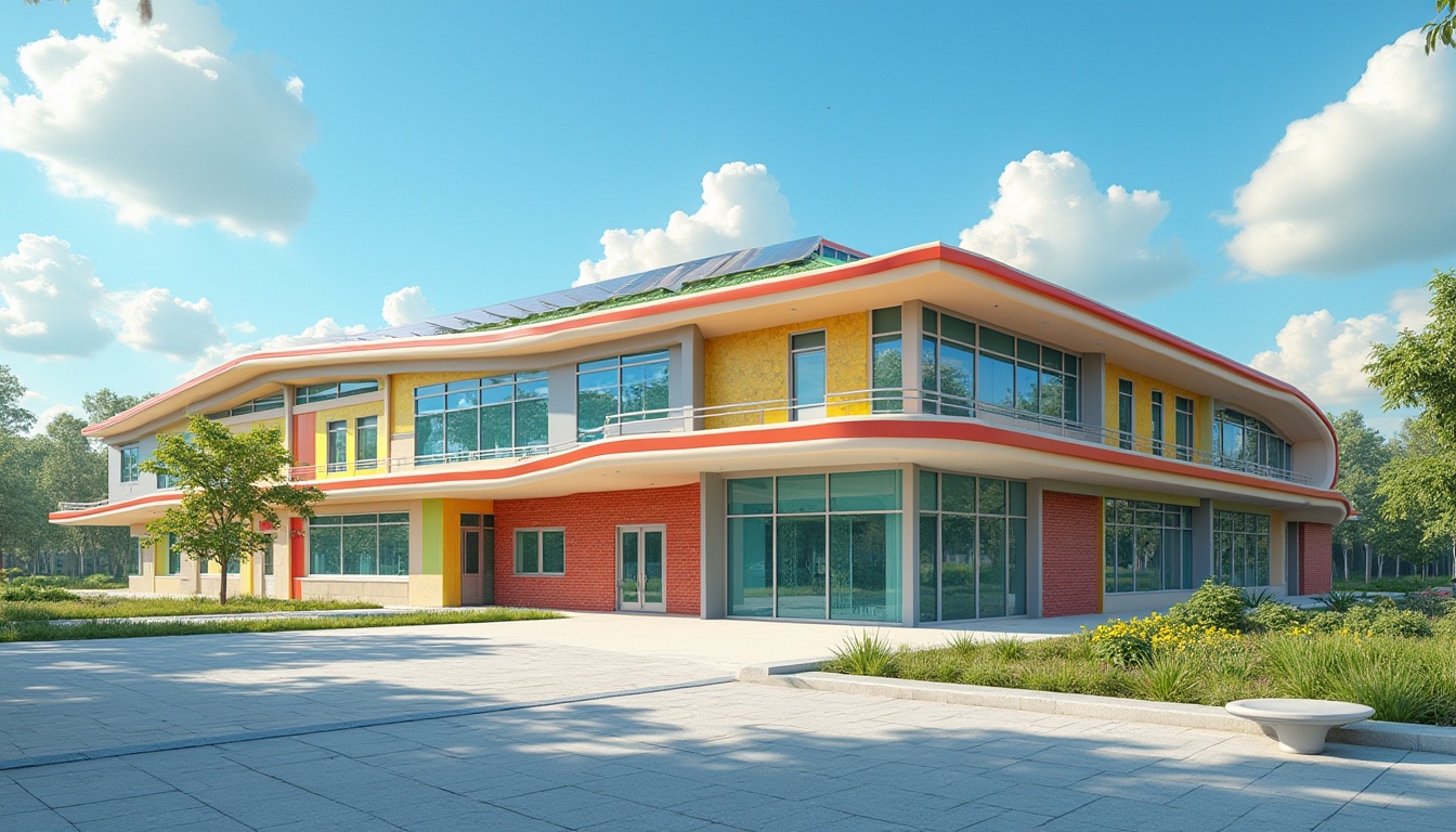 Prompt: Vibrant middle school building, curved rooflines, solar panels, green roofs, sustainable materials, modern architecture, large skylights, clerestory windows, open-air atriums, educational signage, colorful exterior walls, geometric patterns, angular lines, minimalist design, hot sunny day, clear blue sky, panoramic view, shallow depth of field, 3/4 composition, realistic textures, ambient occlusion.