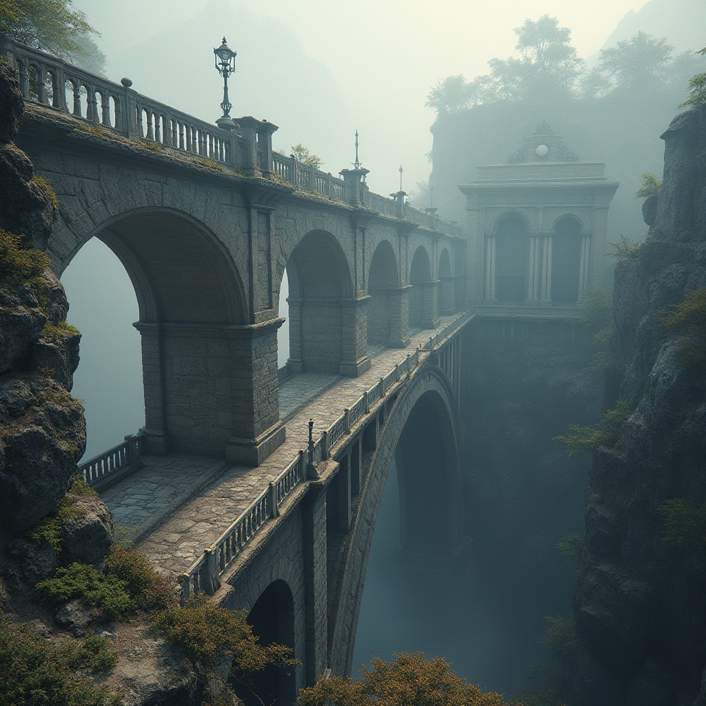 Prompt: Majestic bridge, classical arches, ornate balustrades, grand pillars, rustic stone walls, weathered bronze railings, curved viaducts, symmetrical composition, dramatic lighting, misty morning fog, subtle gradient mapping, realistic rock textures, ambient occlusion, 1/2 composition, cinematic camera angles, atmospheric perspective.