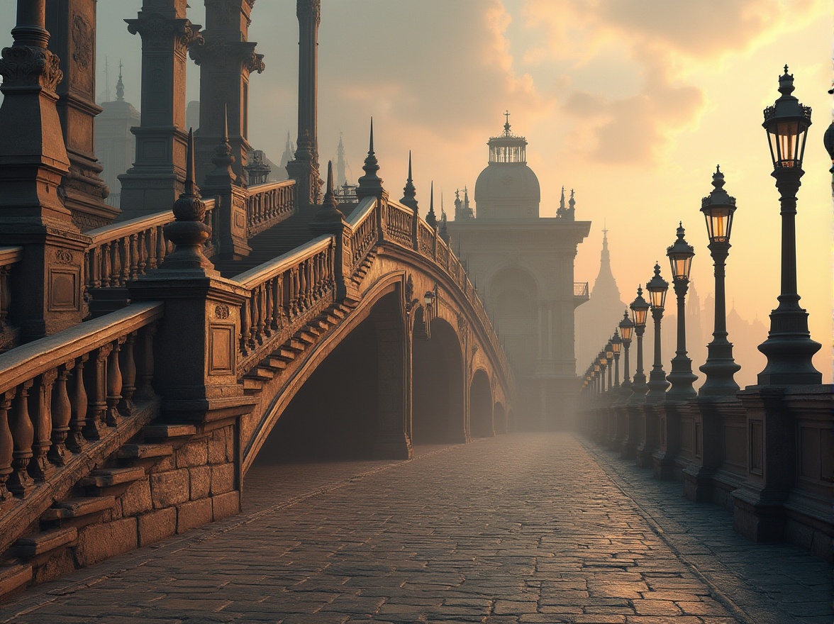 Prompt: Majestic bridge, classical arches, ornate balustrades, rustic stone piers, sweeping curves, grandiose columns, intricately carved stonework, weathered bronze railings, elegant lamp posts, symmetrical composition, dramatic lighting, warm golden hour, shallow depth of field, 2/3 composition, atmospheric mist, subtle texture overlays, realistic reflections.