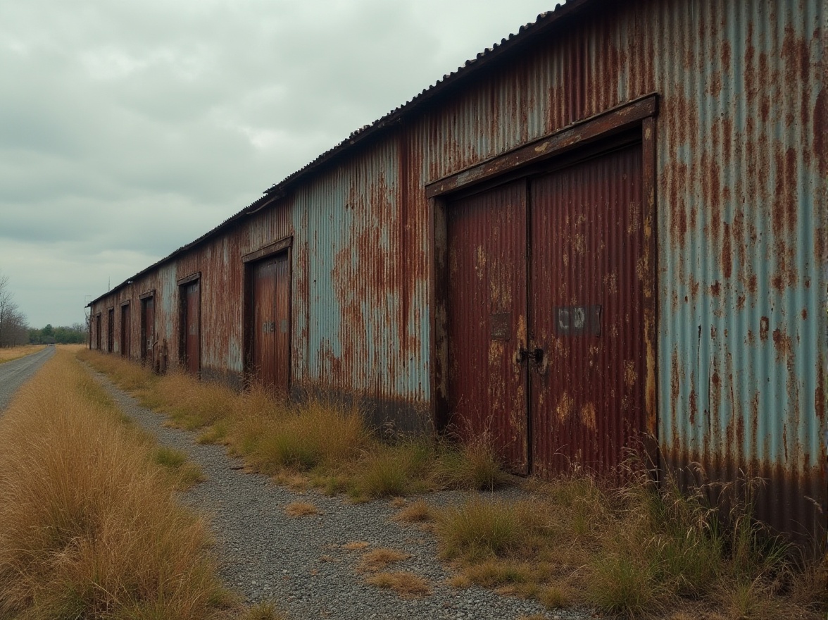 Prompt: Rustic corrugated iron walls, weathered metal texture, industrial aesthetic, distressed finishes, rural landscape, abandoned factory setting, overcast sky, warm natural light, shallow depth of field, 1/1 composition, realistic reflections, ambient occlusion.