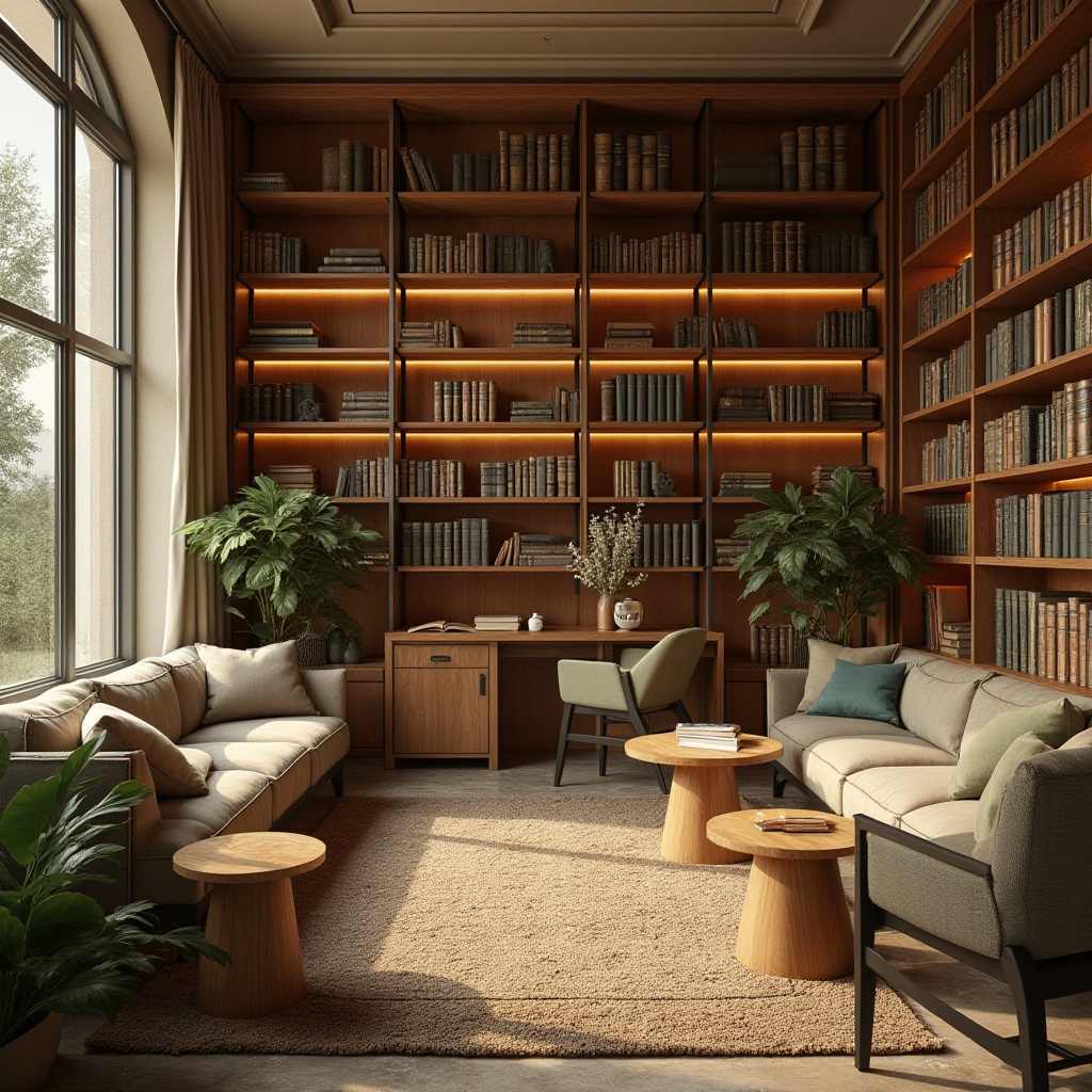 Prompt: Cozy reading nook, warm beige walls, rich wood tones, comfortable seating areas, soft golden lighting, calming atmosphere, vintage bookshelves, leather-bound books, earthy color scheme, muted green accents, natural stone flooring, rustic wooden tables, plush area rugs, floor-to-ceiling windows, abundant natural light, harmonious color balance, 1/2 composition, warm and inviting ambiance.