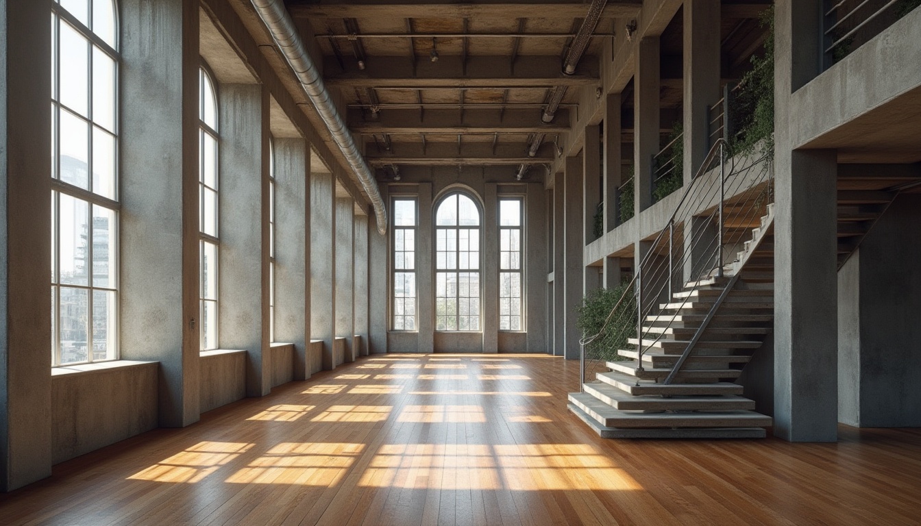 Prompt: Exposed concrete columns, minimalist steel beams, industrial-style pipes, modern urban loft, high-ceilinged interior, polished wooden floors, sleek metal railings, cantilevered staircases, geometric-shaped windows, brutalist architecture, dramatic natural light, warm atmospheric ambiance, shallow depth of field, 1/1 composition, cinematic view, realistic textures, ambient occlusion.