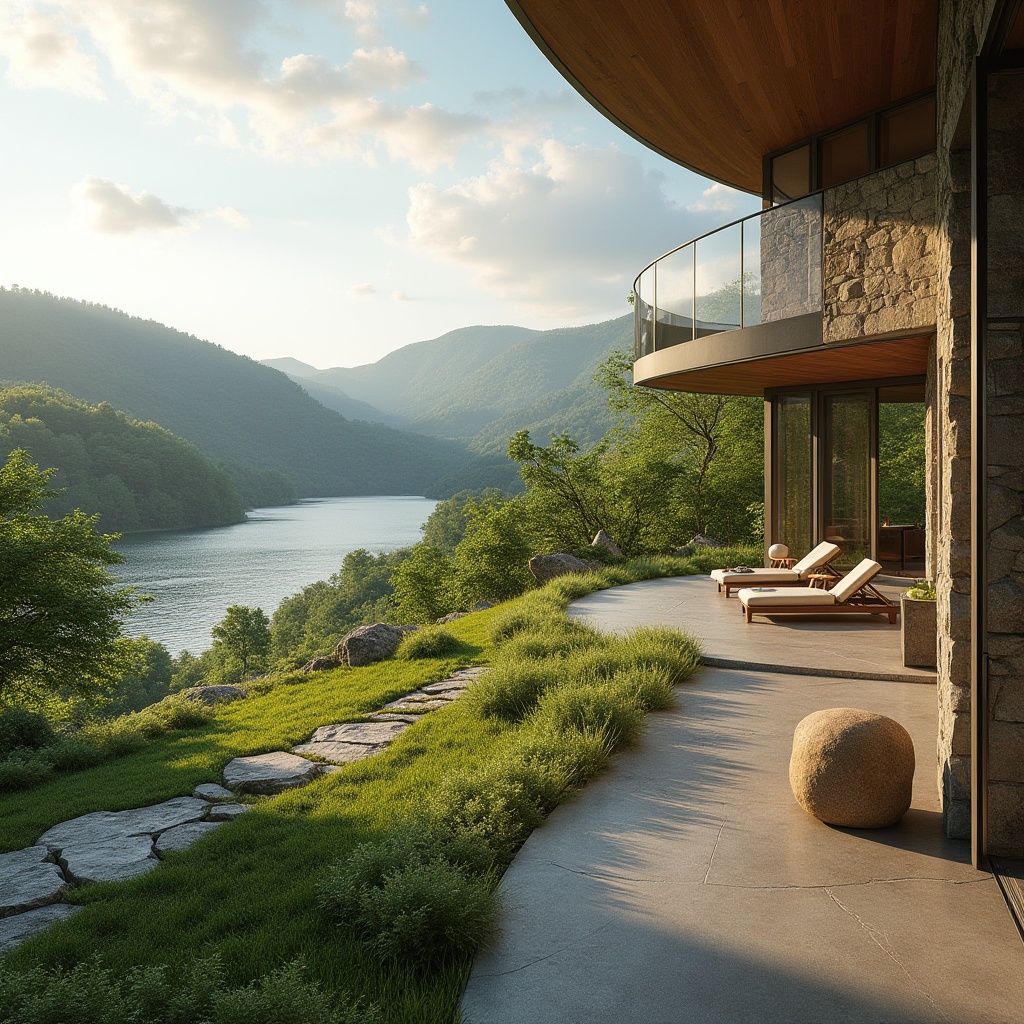 Prompt: Harmonious landscape integration, rolling hills, lush greenery, serene lakeside, walking trails, outdoor furniture, modern architecture, floor-to-ceiling windows, sliding glass doors, natural stone walls, wooden accents, seamless indoor-outdoor transition, soft warm lighting, shallow depth of field, 3/4 composition, panoramic view, realistic textures, ambient occlusion.