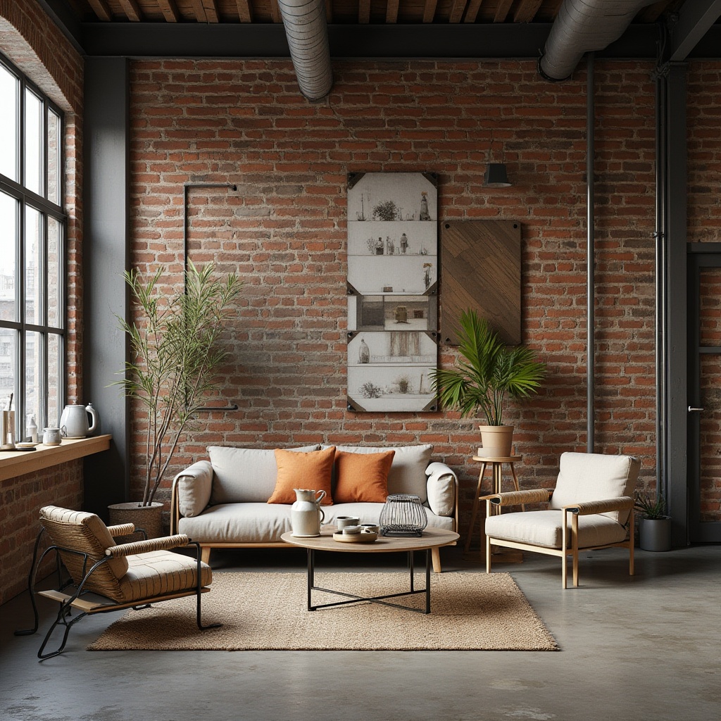 Prompt: Industrial-era factory, exposed brick walls, steel beams, reclaimed wood accents, functional minimalism, primary color palette, tubular steel furniture, woven textiles, natural materials, earthy tones, geometric shapes, clean lines, functional simplicity, abundant natural light, large windows, industrial-style lighting, 3/4 composition, shallow depth of field, realistic textures, ambient occlusion.