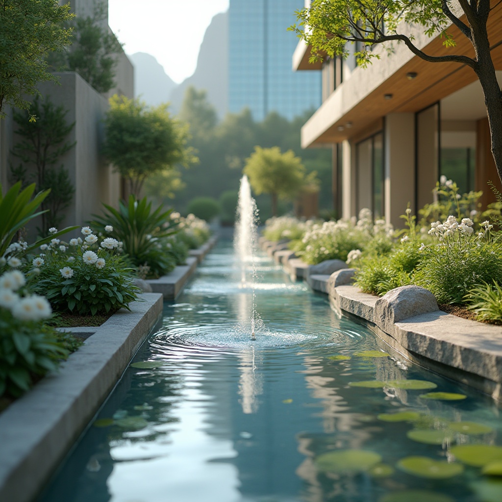 Prompt: Soothing water features, serene fountain pools, gentle ripples, natural stone edges, lush greenery surroundings, vibrant flower arrangements, tranquil atmosphere, warm sunny day, soft focus effect, shallow depth of field, 3/4 composition, symmetrical reflection, realistic water textures, ambient occlusion, modern architectural design, sleek glass buildings, minimalist decor, elegant curves, innovative water conservation systems.