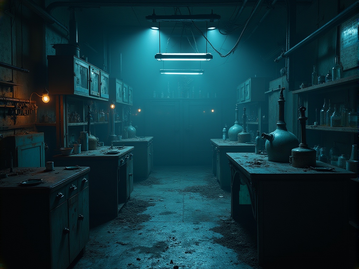 Prompt: Mysterious abandoned laboratory, dimly lit, Prussian blue hue, vintage scientific equipment, rusty metal tables, old wooden cabinets, faded labels, dusty beakers, mysterious concoctions, eerie shadows, softbox lighting, shallow depth of field, 1/1 composition, moody atmosphere, realistic textures, ambient occlusion.