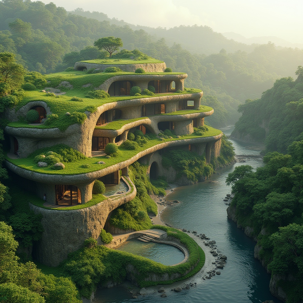 Prompt: Harmonious building integration, lush green roofs, verdant walls, organic curves, natural stone fa\u00e7ades, earthy tones, blending boundaries, seamless transitions, rolling hills, meandering paths, serene water features, reflection pools, surrounding forests, misty mornings, soft warm lighting, atmospheric perspective, 1/2 composition, subtle texture details, realistic material simulations.