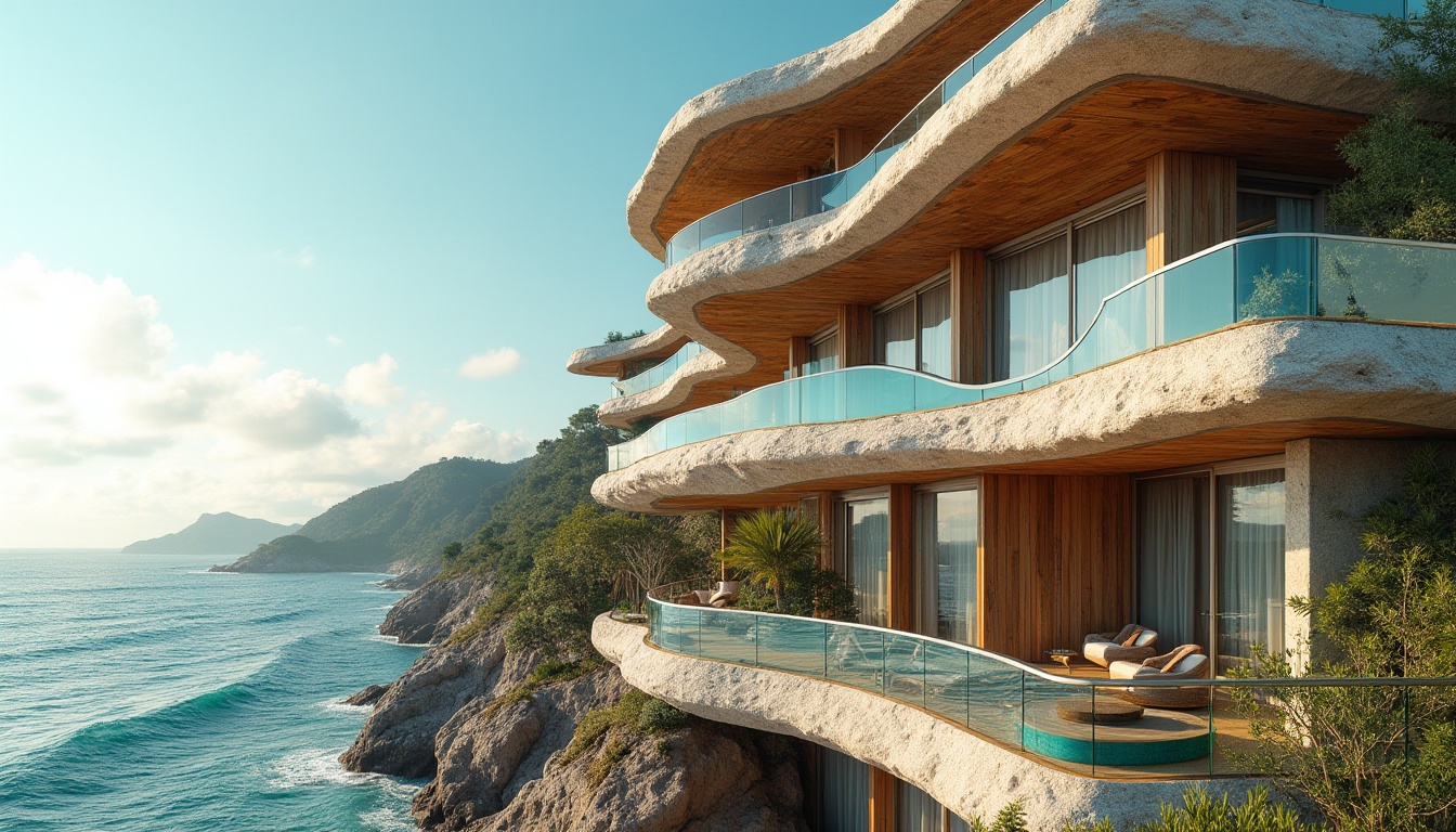 Prompt: Wavy coastal lines, oceanfront views, salty sea air, coral-inspired facades, undulating rooflines, wave-like balconies, turquoise glass railings, driftwood accents, nautical-themed ornaments, weathered steel exteriors, rust-resistant materials, beachy color schemes, soft ocean breezes, natural ventilation systems, cantilevered structures, minimalist support columns, transparent floor-to-ceiling windows, 1/1 composition, shallow depth of field, warm golden lighting, realistic reflections, ambient occlusion.Please let me know if this meets your requirements!