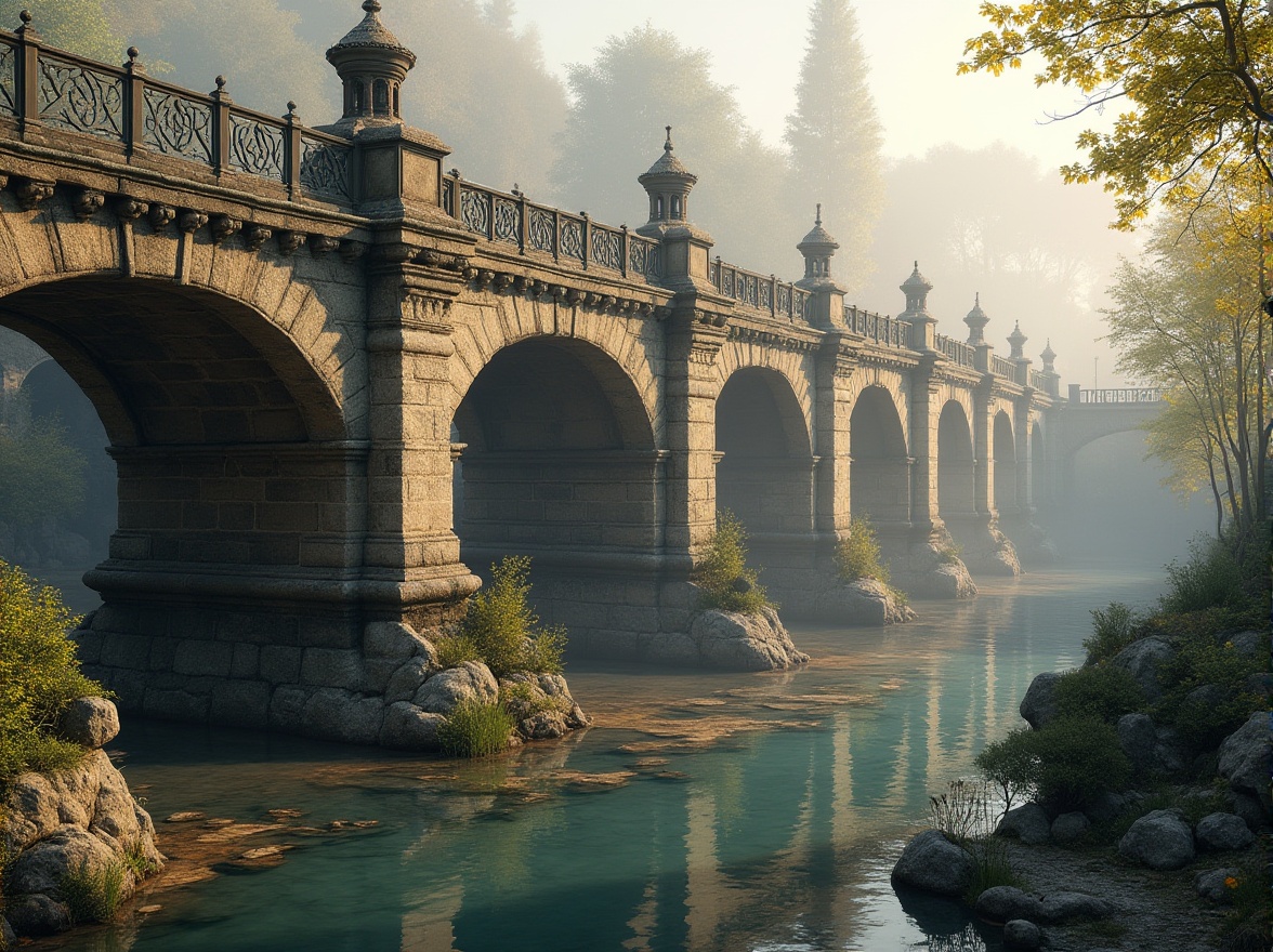 Prompt: Historic stone bridges, ornate metal railings, grand arches, majestic pillars, intricate stonework, rustic wooden planks, scenic riverbanks, lush greenery, vibrant flowers, misty morning, soft warm lighting, shallow depth of field, 3/4 composition, panoramic view, realistic textures, ambient occlusion, classical architectural influences, symmetrical design, harmonious proportions, elegant curves, sophisticated details, refined materials, modern engineering techniques.