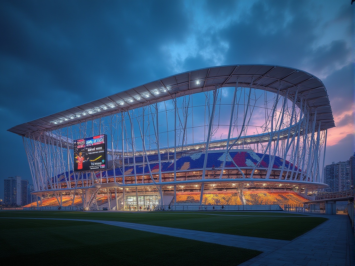 Prompt: Modern international stadium, sleek curved lines, large cantilevered roofs, gleaming metal cladding, transparent glass fa\u00e7ades, LED scoreboard displays, vibrant colored seating areas, floodlighting systems, atmospheric evening ambiance, shallow depth of field, 2/3 composition, dynamic angular views, realistic reflective materials, ambient occlusion.